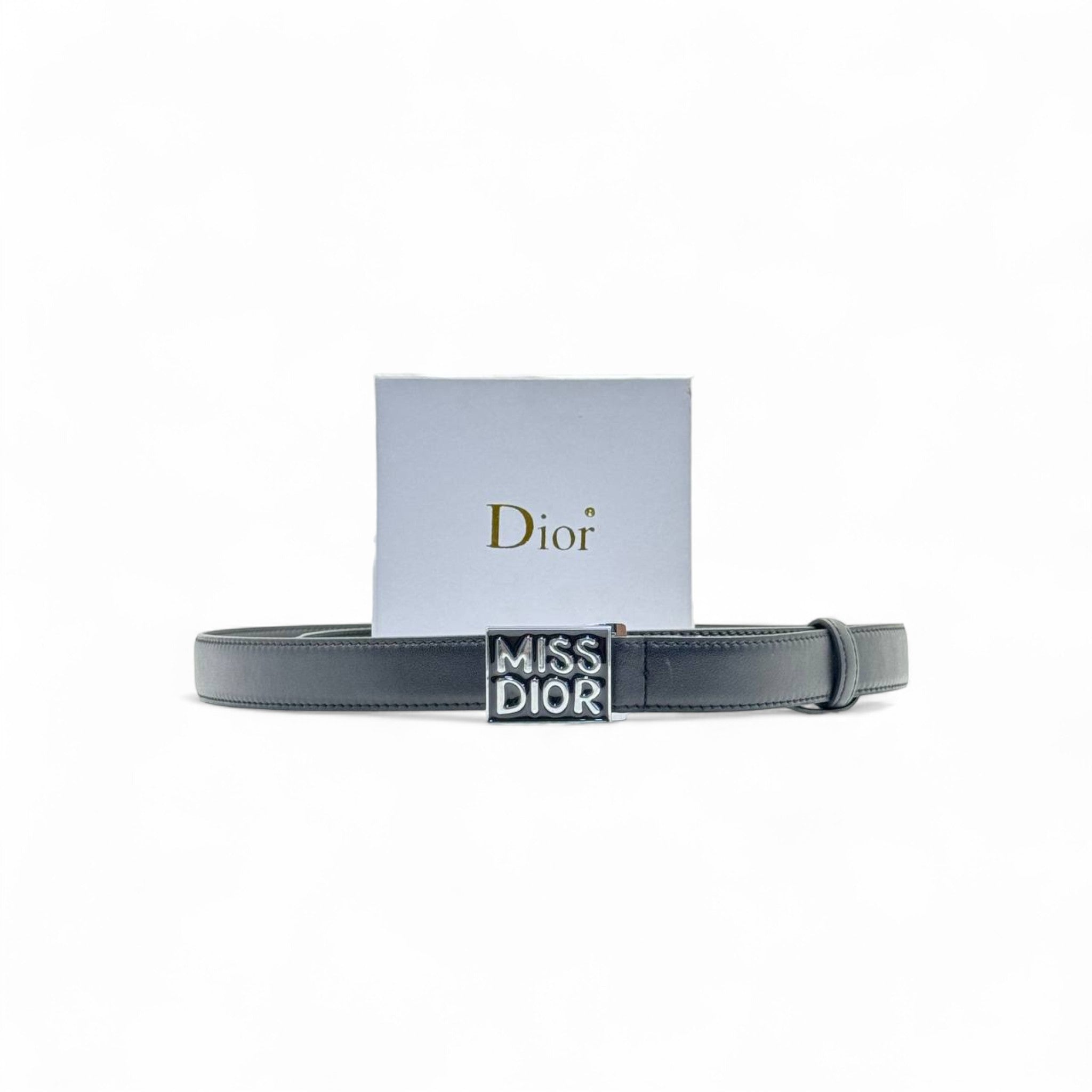 Miss Dior Black Leather Belt 🖤 | 125cm | Silver Logo Buckle + Box