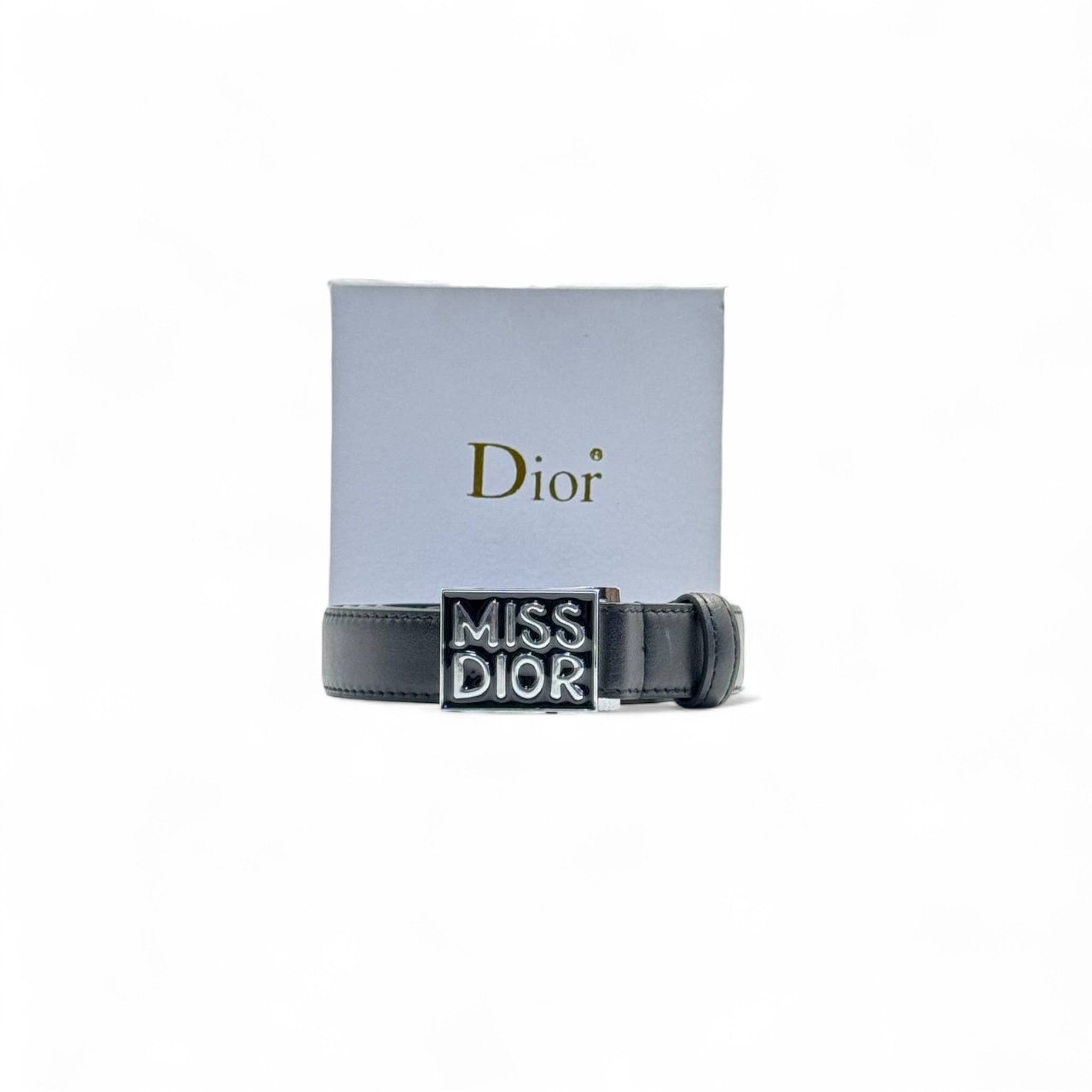 Miss Dior Black Leather Belt 🖤 | 125cm | Silver Logo Buckle + Box