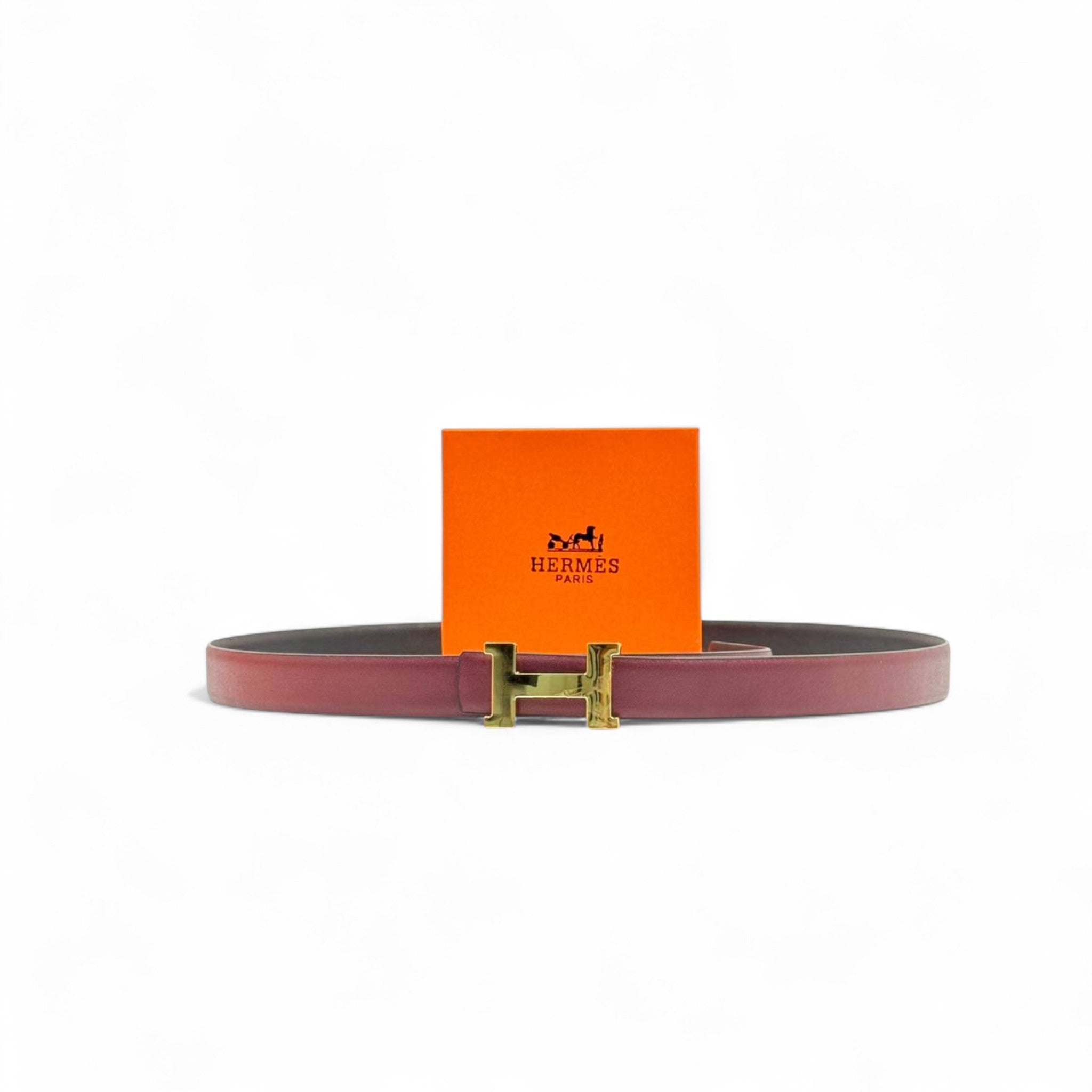 Hermès H Buckle Belt 🍷 | Burgundy Leather 125cm | Gold “H” Icon + Box
