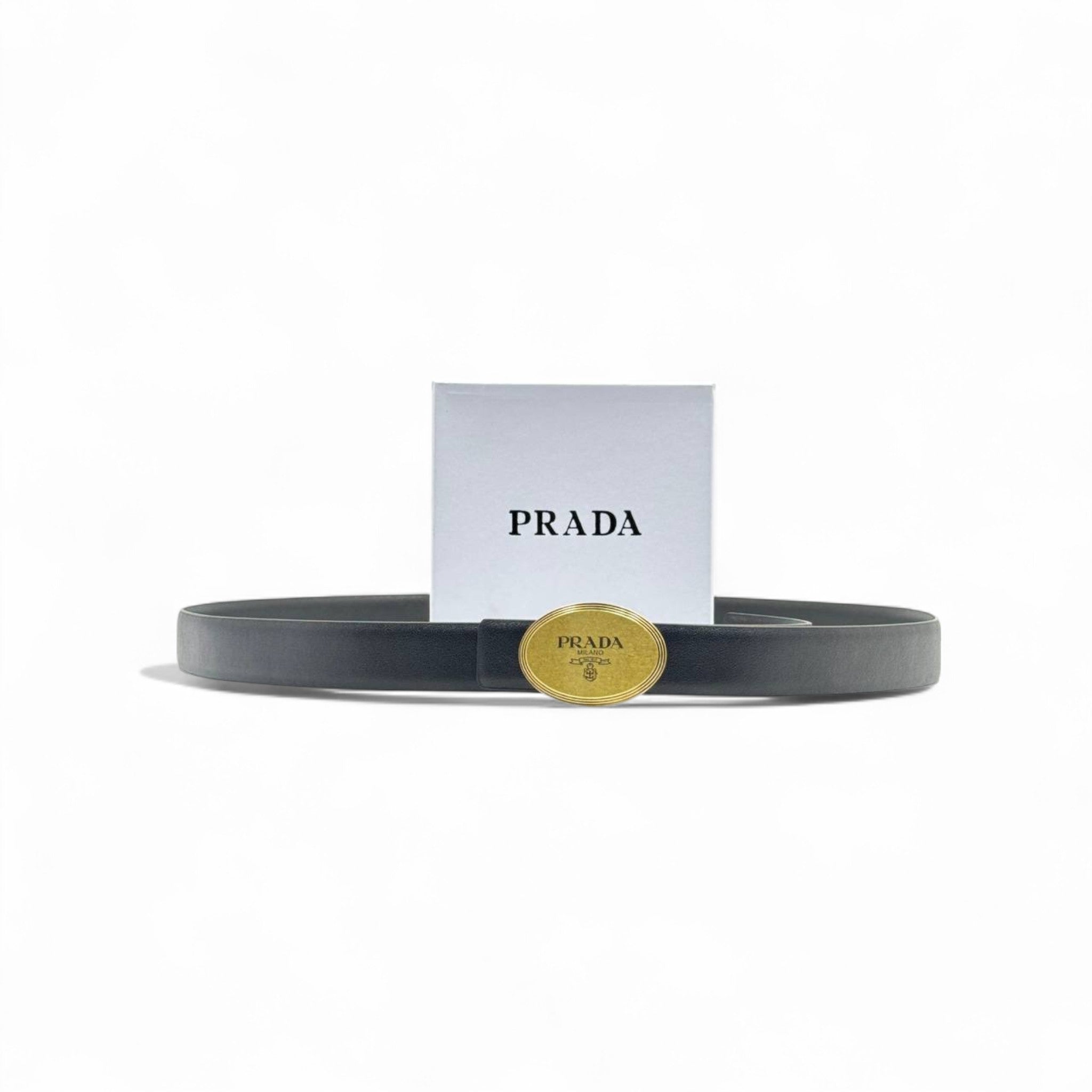 Prada Black Leather Belt 🖤 | 125cm with Gold Oval Buckle & Box