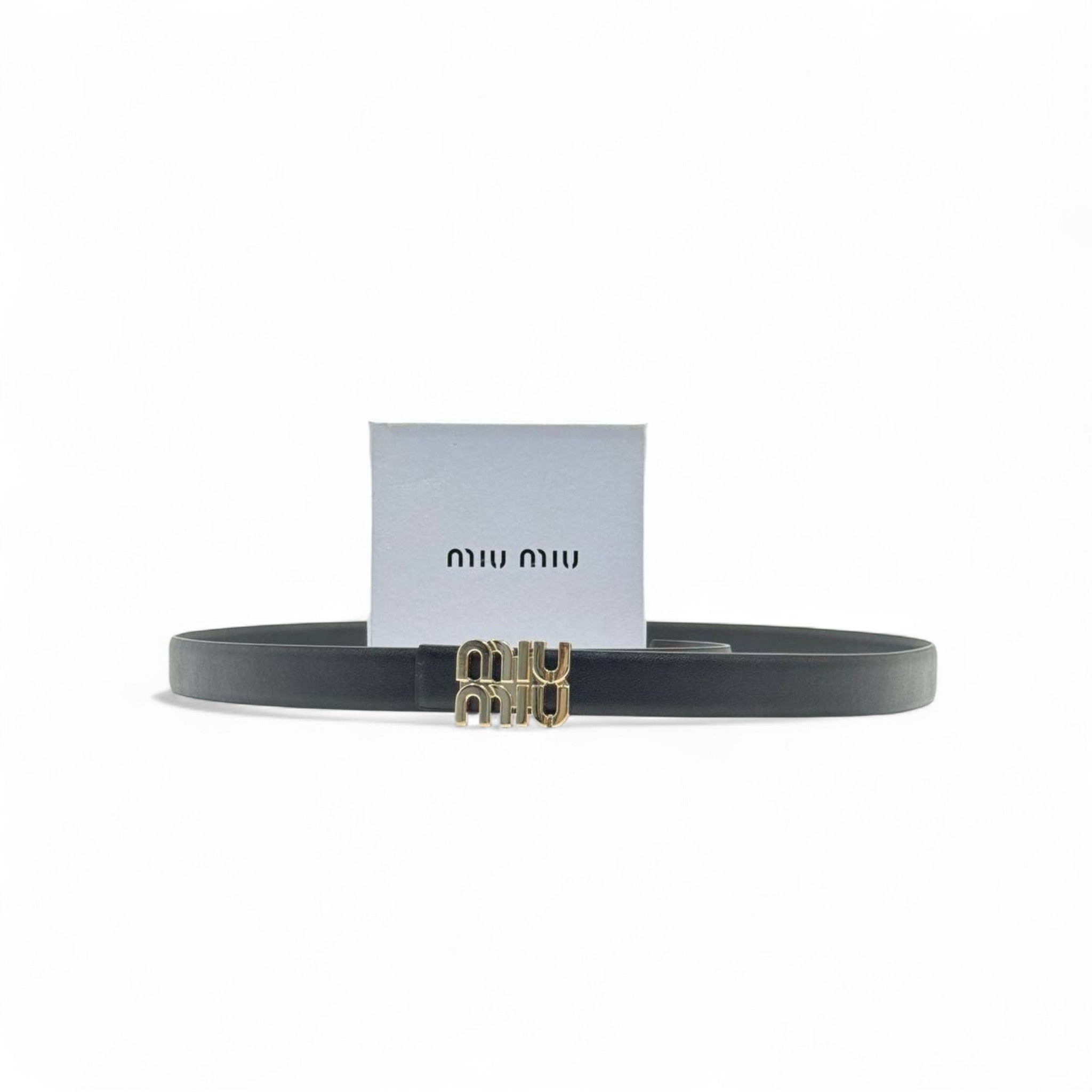 Miu Miu Black Leather Belt 🖤 | 125cm | Gold Logo Accent | Comes with Box