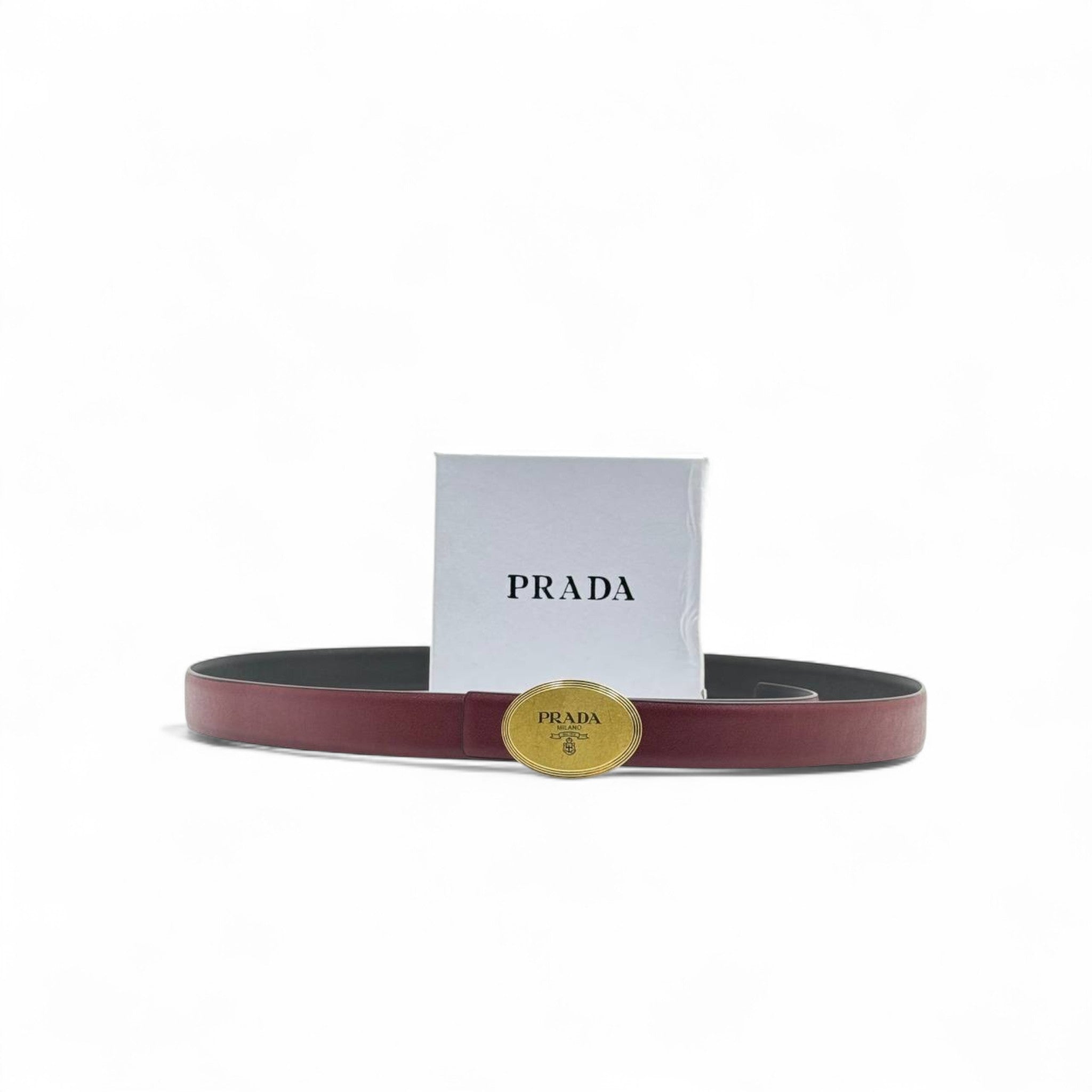 Prada Burgundy Leather Belt 🍷 | 125cm | Gold Oval Logo Buckle | With Box