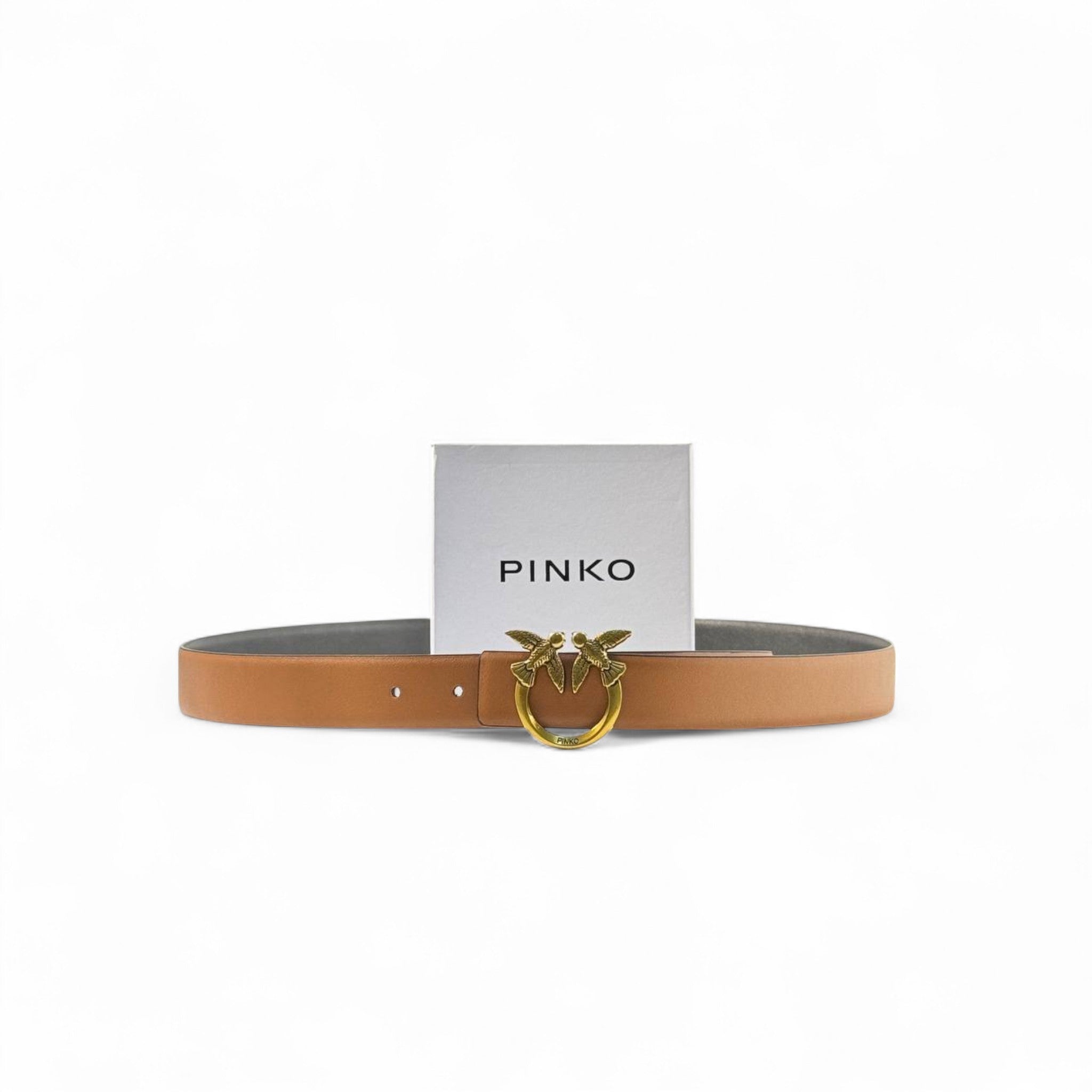 🧡 Pinko Love Birds Belt – 125cm Camel Brown with Gold Buckle 🐦✨