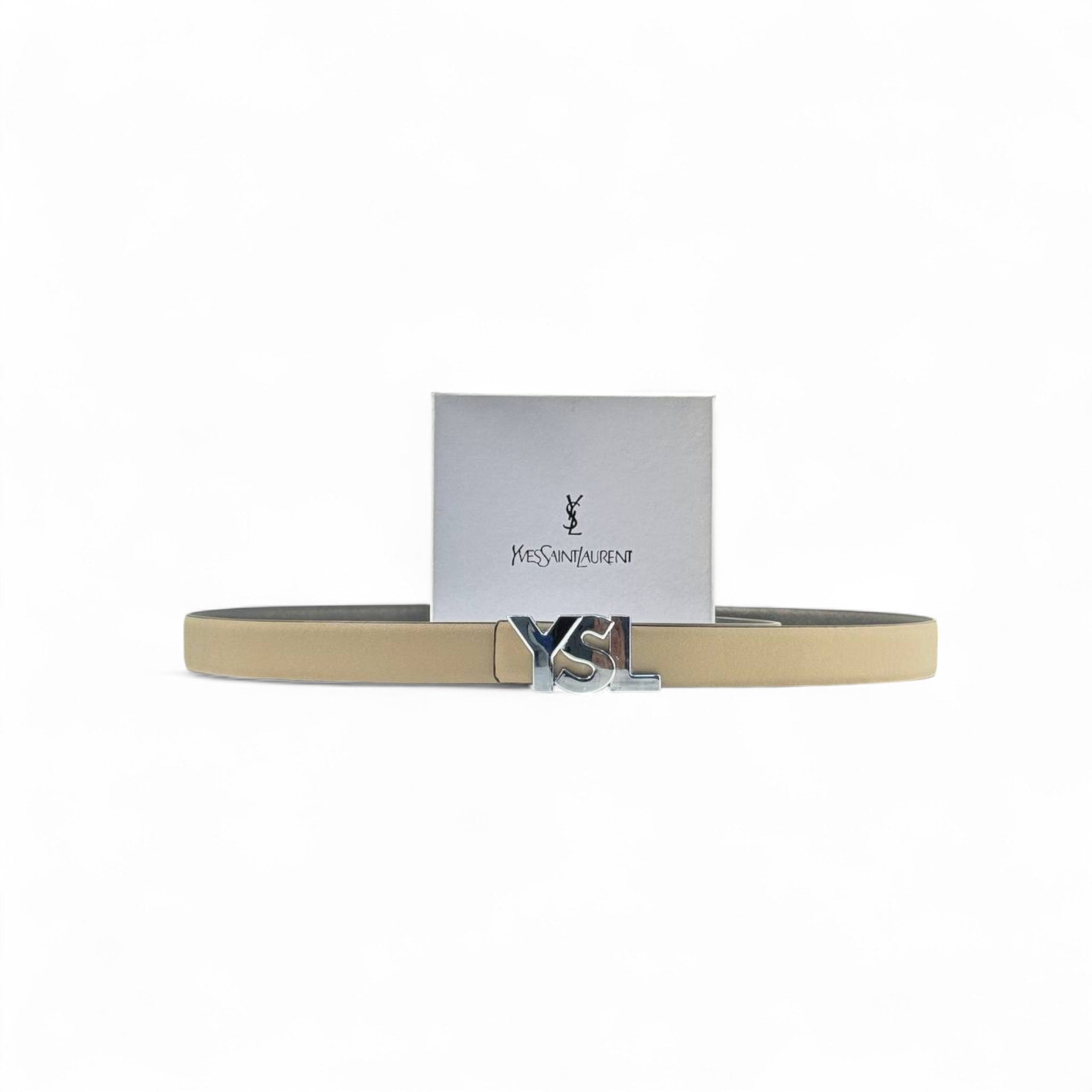 🤍 YSL Classic Belt – 125cm Beige with Silver Logo Buckle ✨