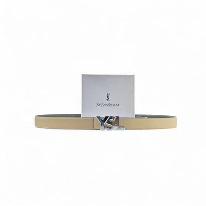 🤍 YSL Classic Belt – 125cm Beige with Silver Logo Buckle ✨