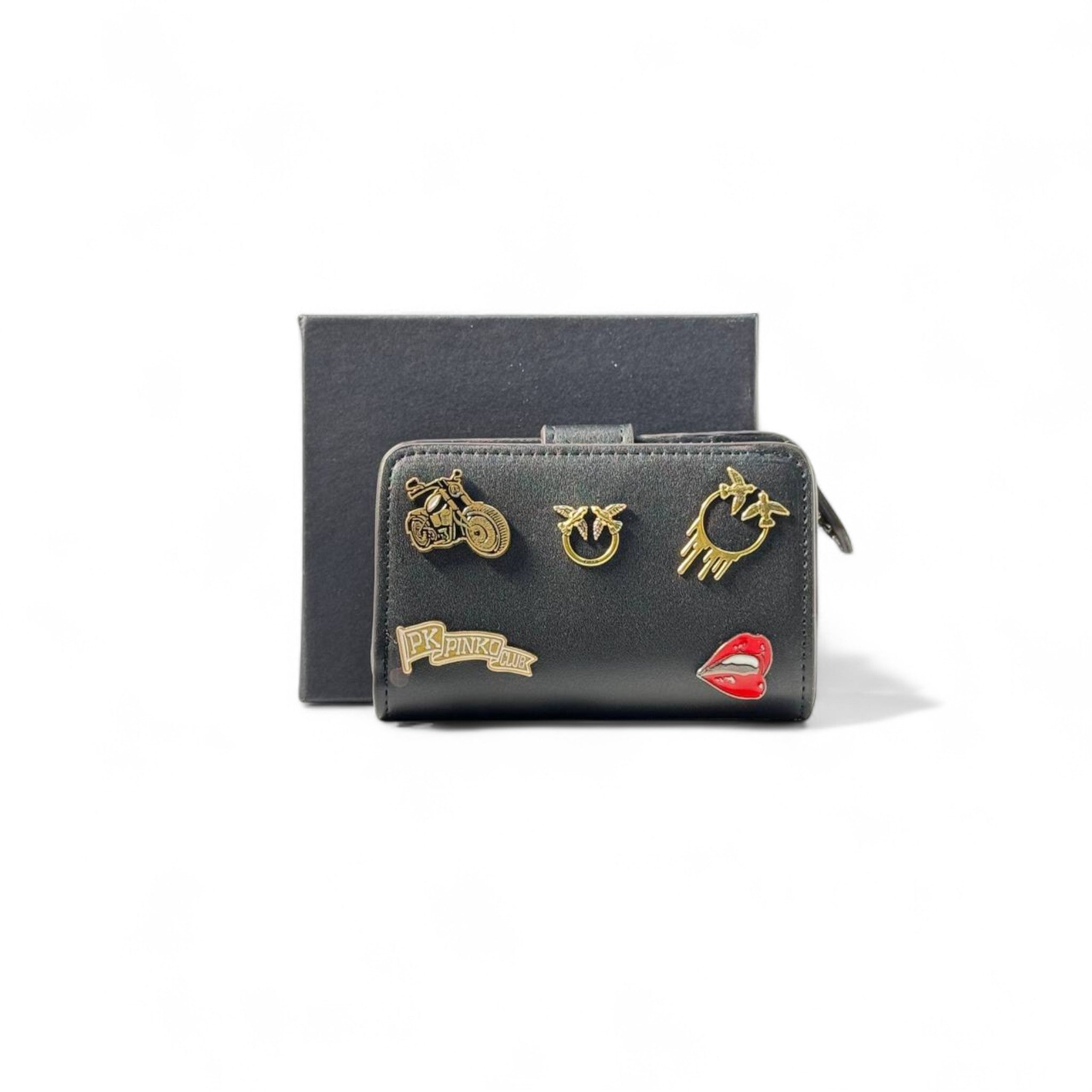 🖤 Pinko Black Charm Wallet – Gold Icons & Zip Closure with Attitude ✨💋