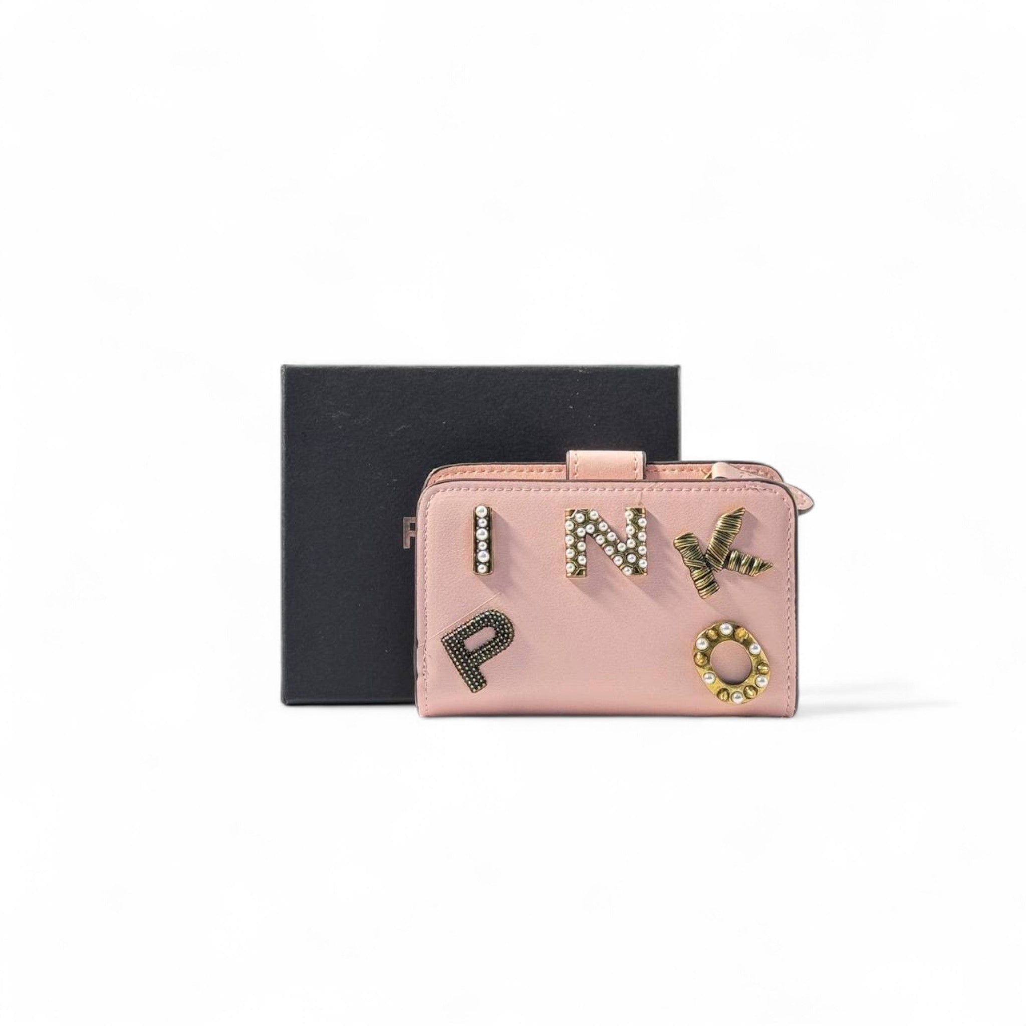 💖 Pinko Crystal Letter Wallet – Blush Pink with Studded Logo Design ✨