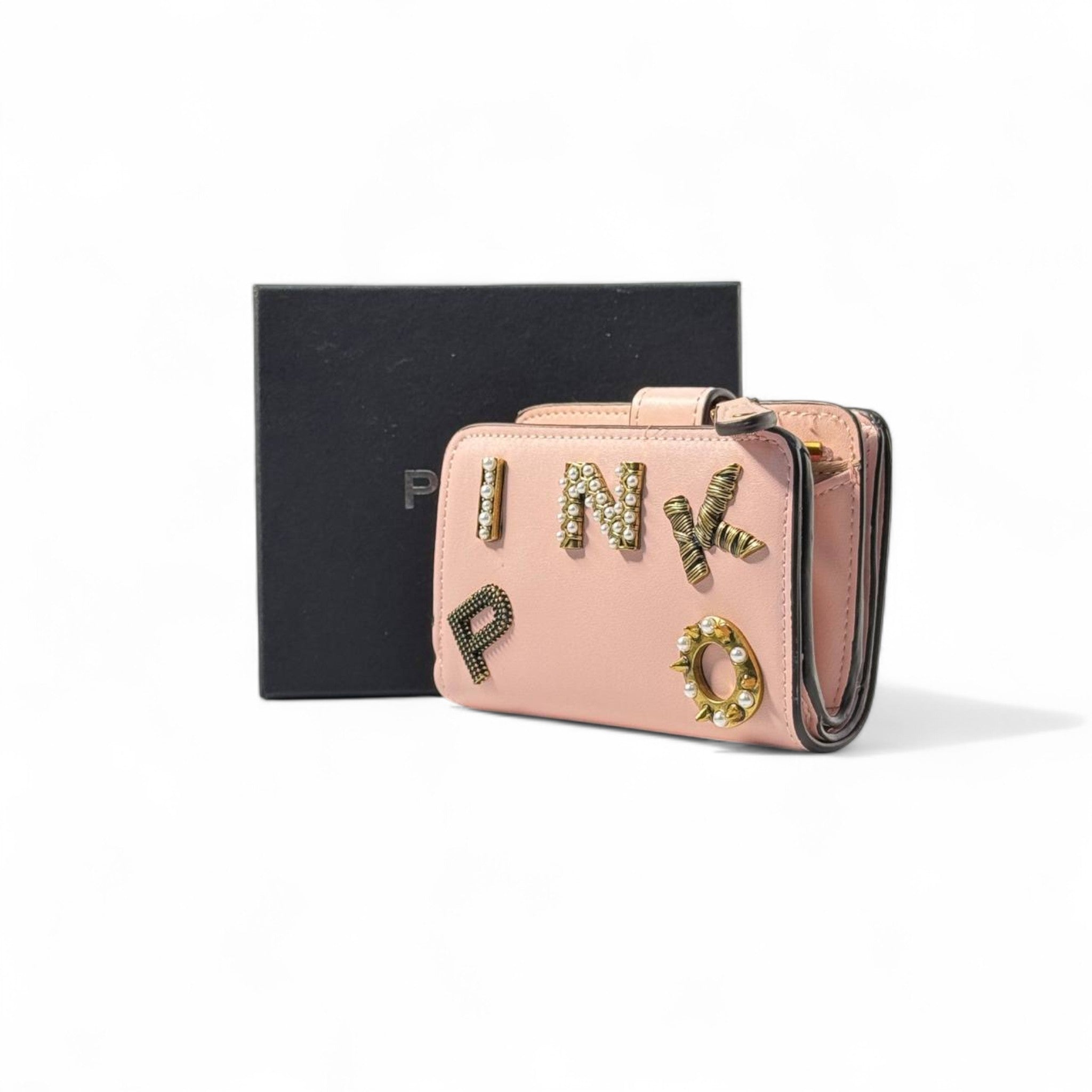 💖 Pinko Crystal Letter Wallet – Blush Pink with Studded Logo Design ✨