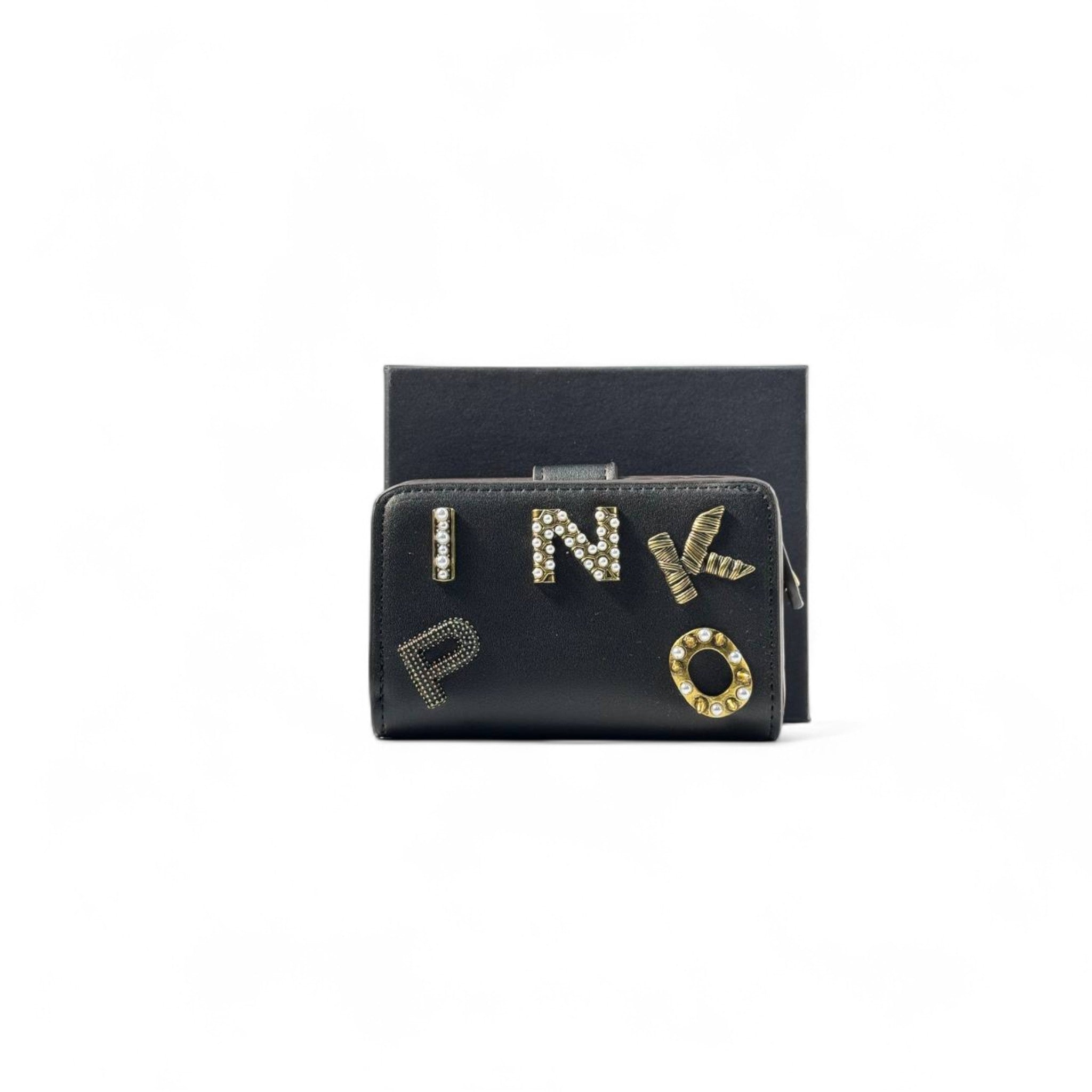 🖤 Pinko Crystal Logo Wallet – Black with Studded 3D Lettering ✨