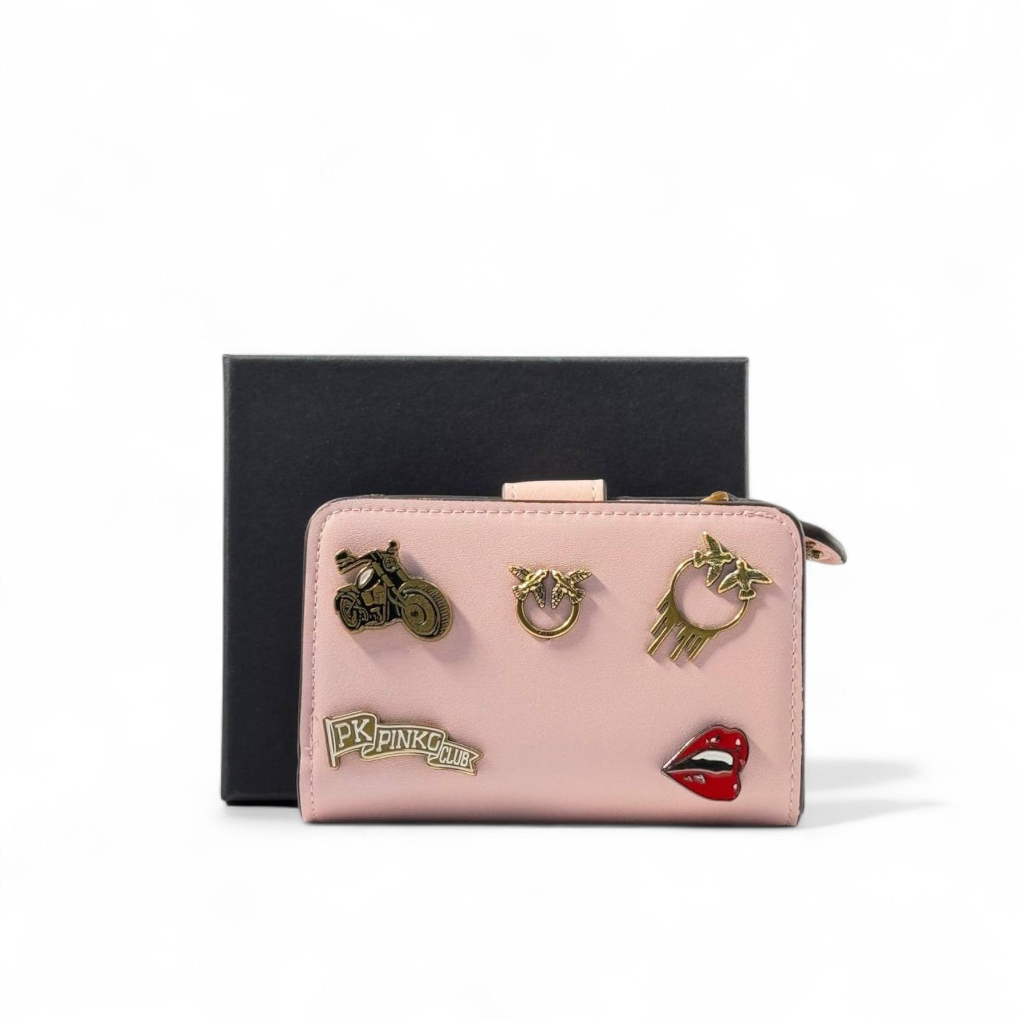 💖 Pinko Charm Wallet – Blush Pink with Gold Icons & Zip Closure 💋✨