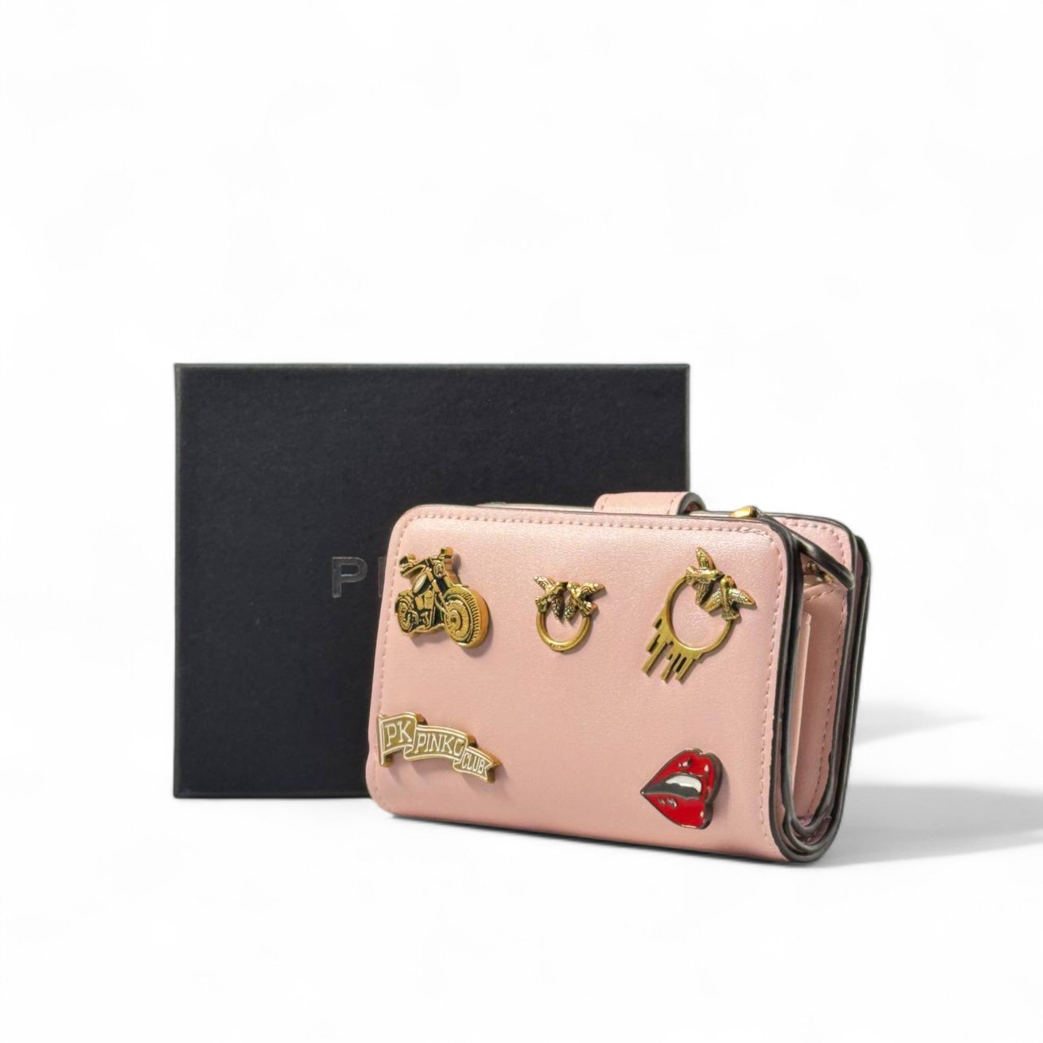 💖 Pinko Charm Wallet – Blush Pink with Gold Icons & Zip Closure 💋✨