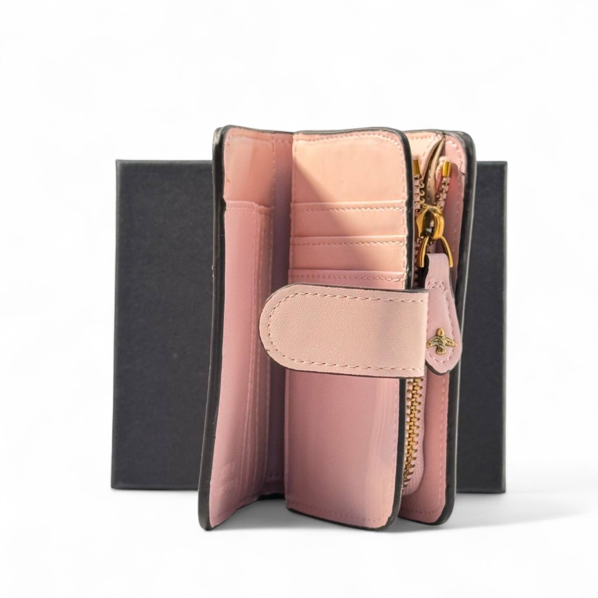 💖 Pinko Charm Wallet – Blush Pink with Gold Icons & Zip Closure 💋✨