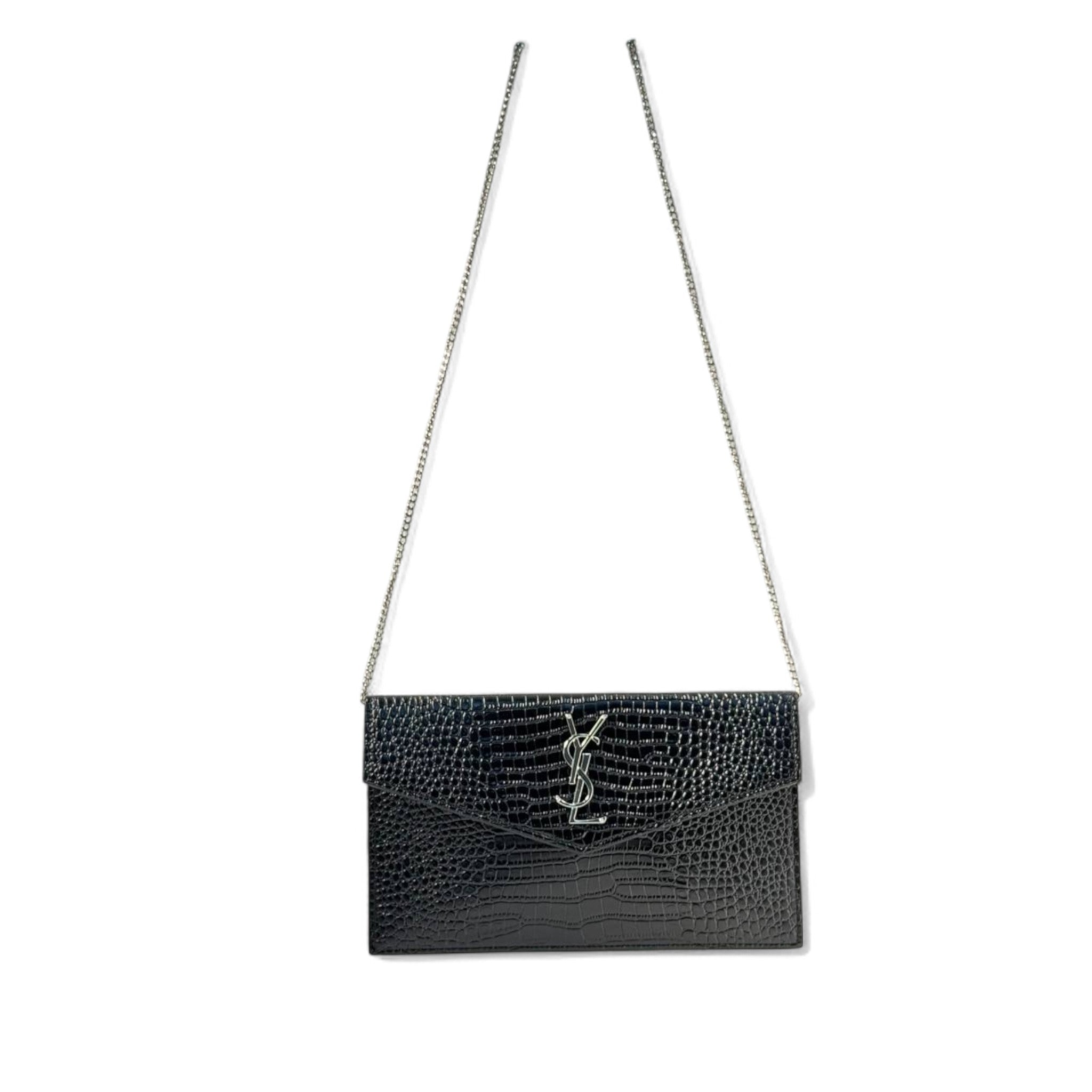 🖤 YSL Croc-Embossed Black Envelope clutch– Silver Elegance