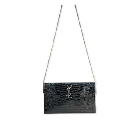🖤 YSL Croc-Embossed Black Envelope clutch– Silver Elegance