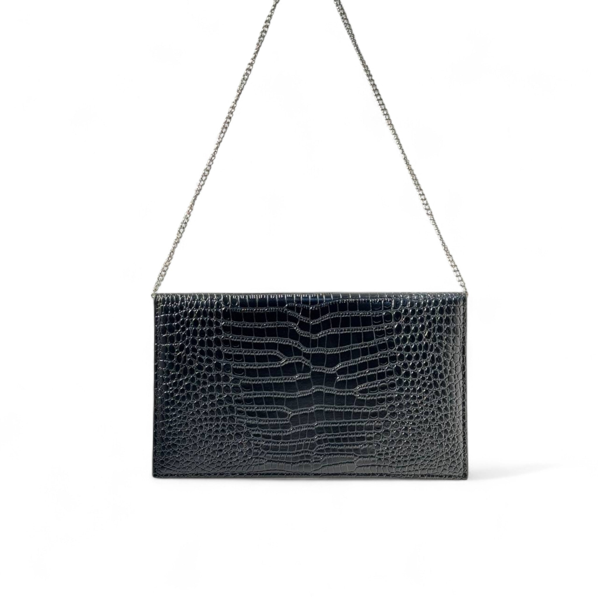 🖤 YSL Croc-Embossed Black Envelope clutch– Silver Elegance