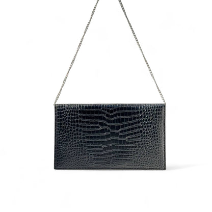 🖤 YSL Croc-Embossed Black Envelope clutch– Silver Elegance