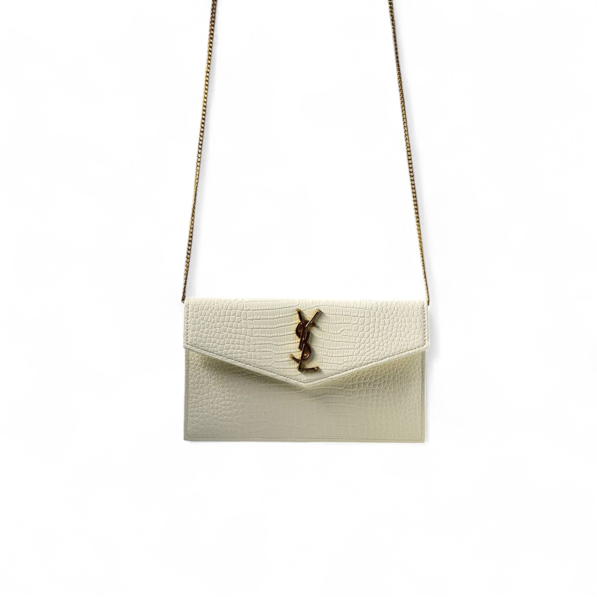 🤍 YSL White Croc-Embossed Envelope clutch – Golden Luxe