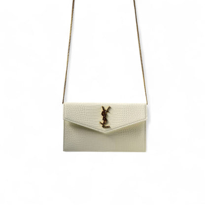 🤍 YSL White Croc-Embossed Envelope clutch – Golden Luxe