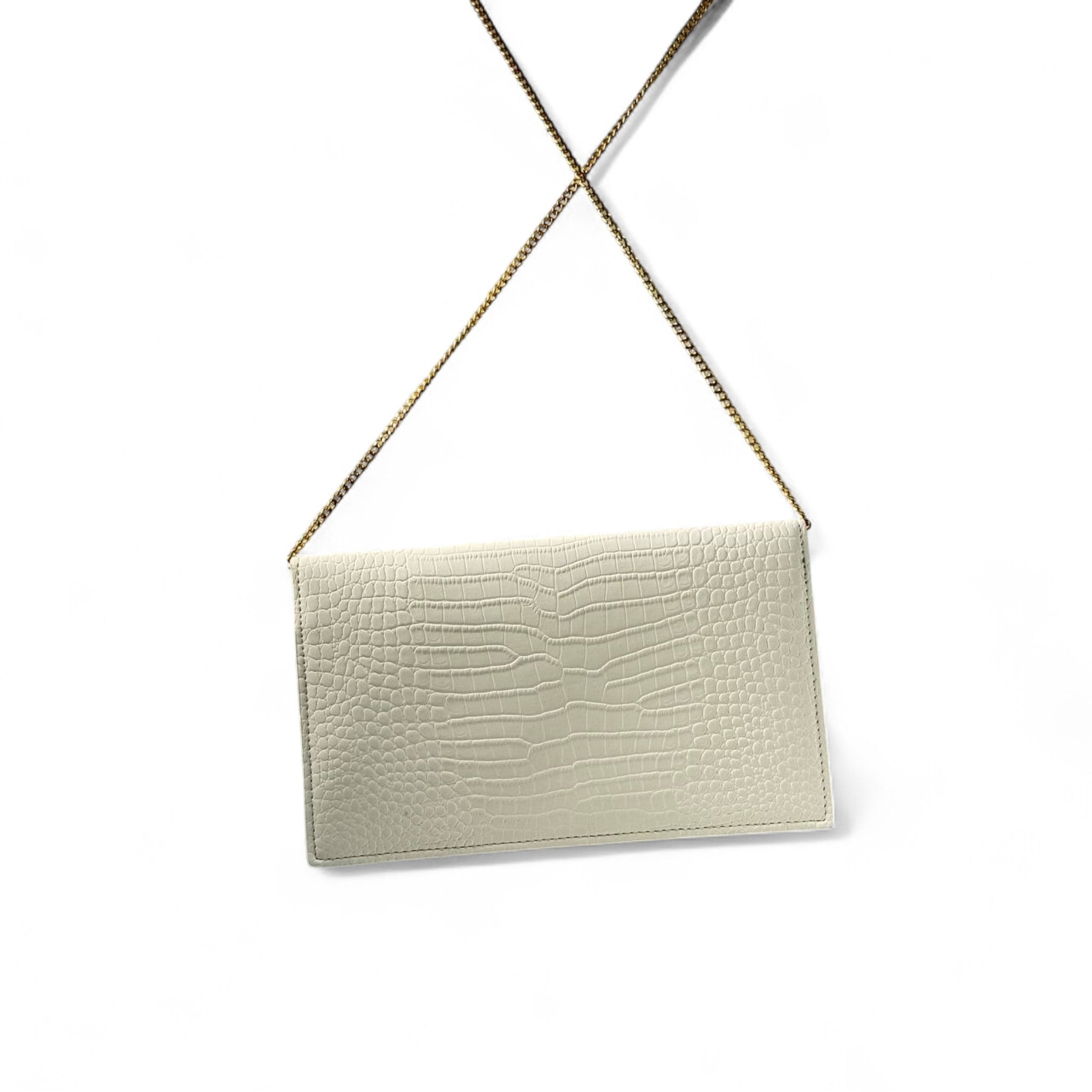 🤍 YSL White Croc-Embossed Envelope clutch – Golden Luxe