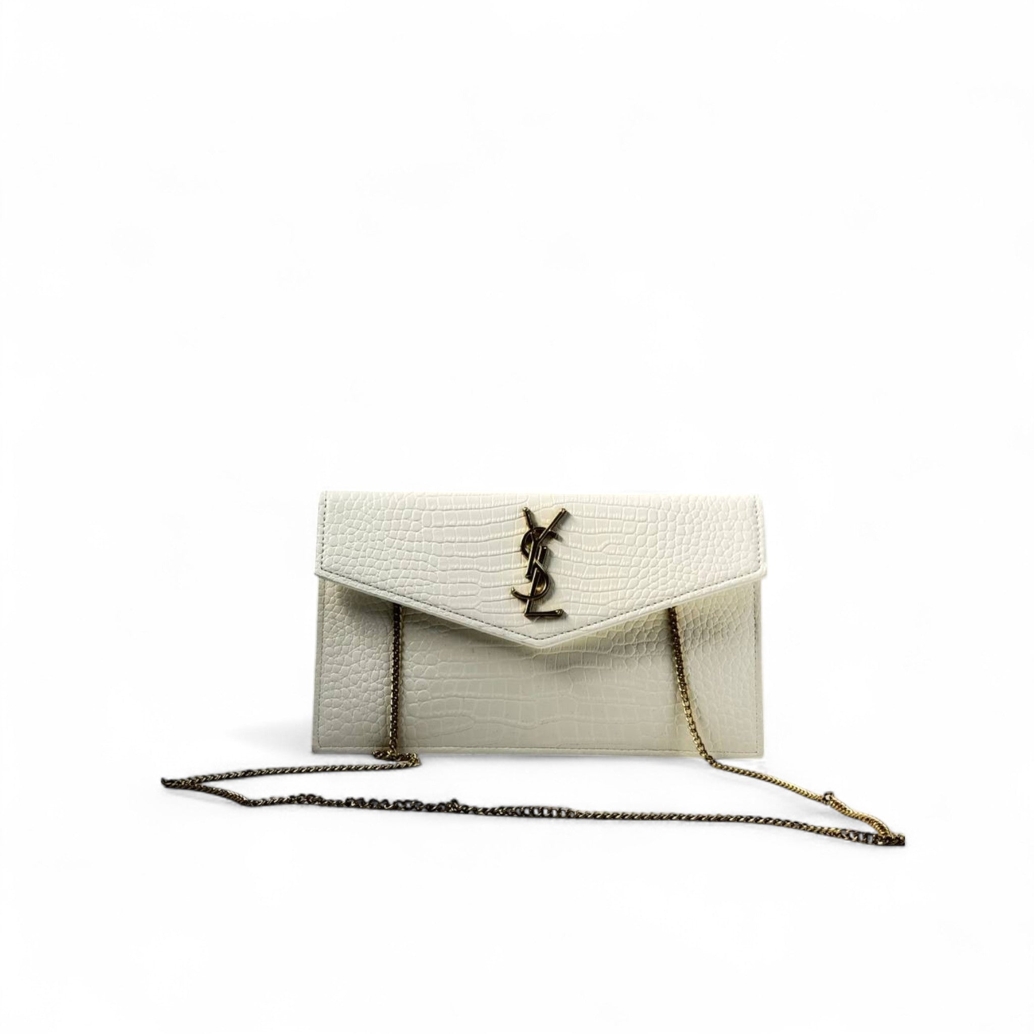 🤍 YSL White Croc-Embossed Envelope clutch – Golden Luxe