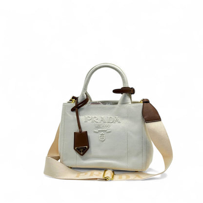 🤍 Prada Milano Canvas Mini Tote – White Elegance Edition