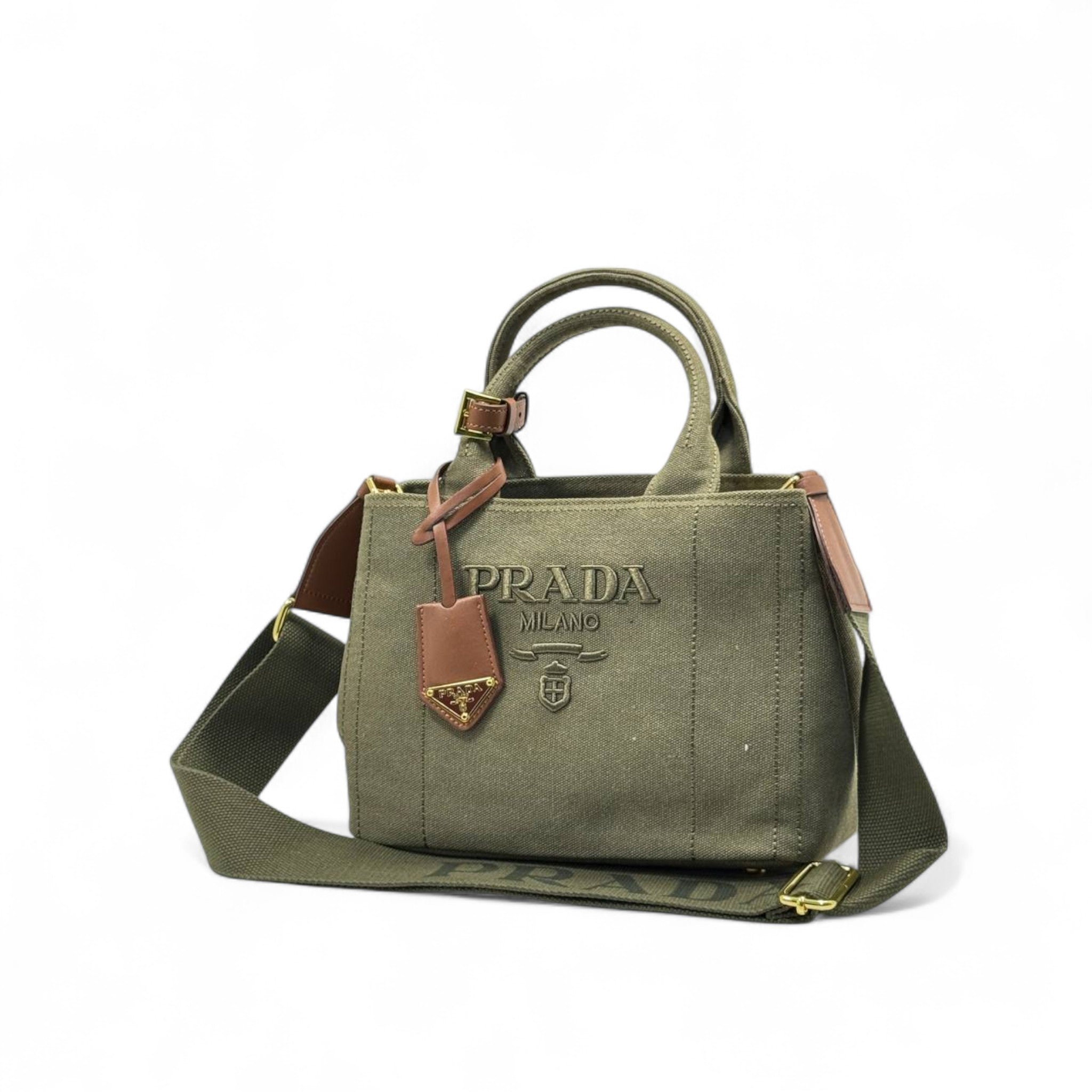 💚 Prada Milano Canvas Mini Tote – Military Green Elegance