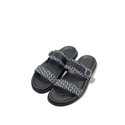 Hermès-Inspired Patterned Slippers with Buckle & Box | Black & White Minimalist Slide