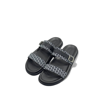 Hermès-Inspired Patterned Slippers with Buckle & Box | Black & White Minimalist Slide