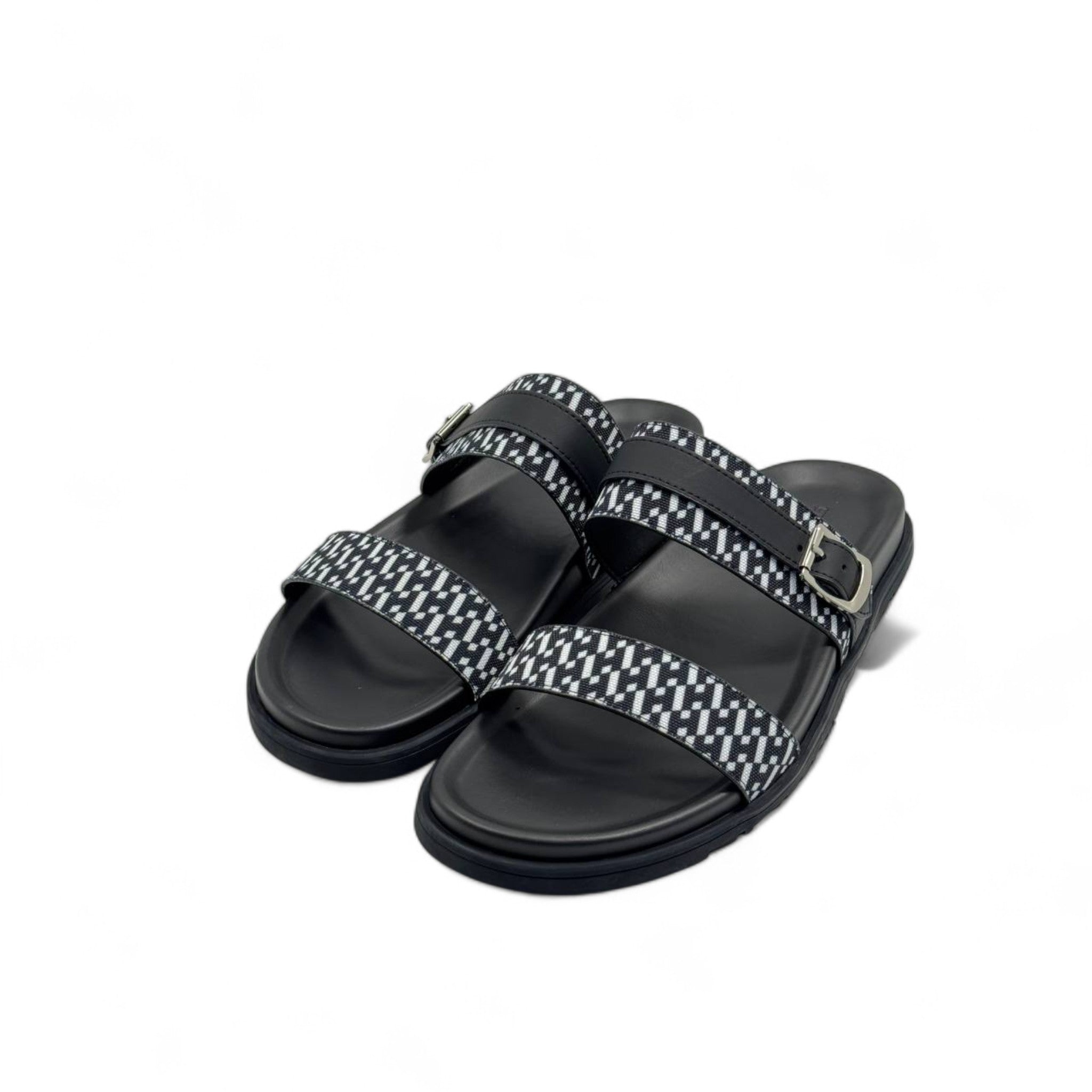 Hermès-Inspired Patterned Slippers with Buckle & Box | Black & White Minimalist Slide