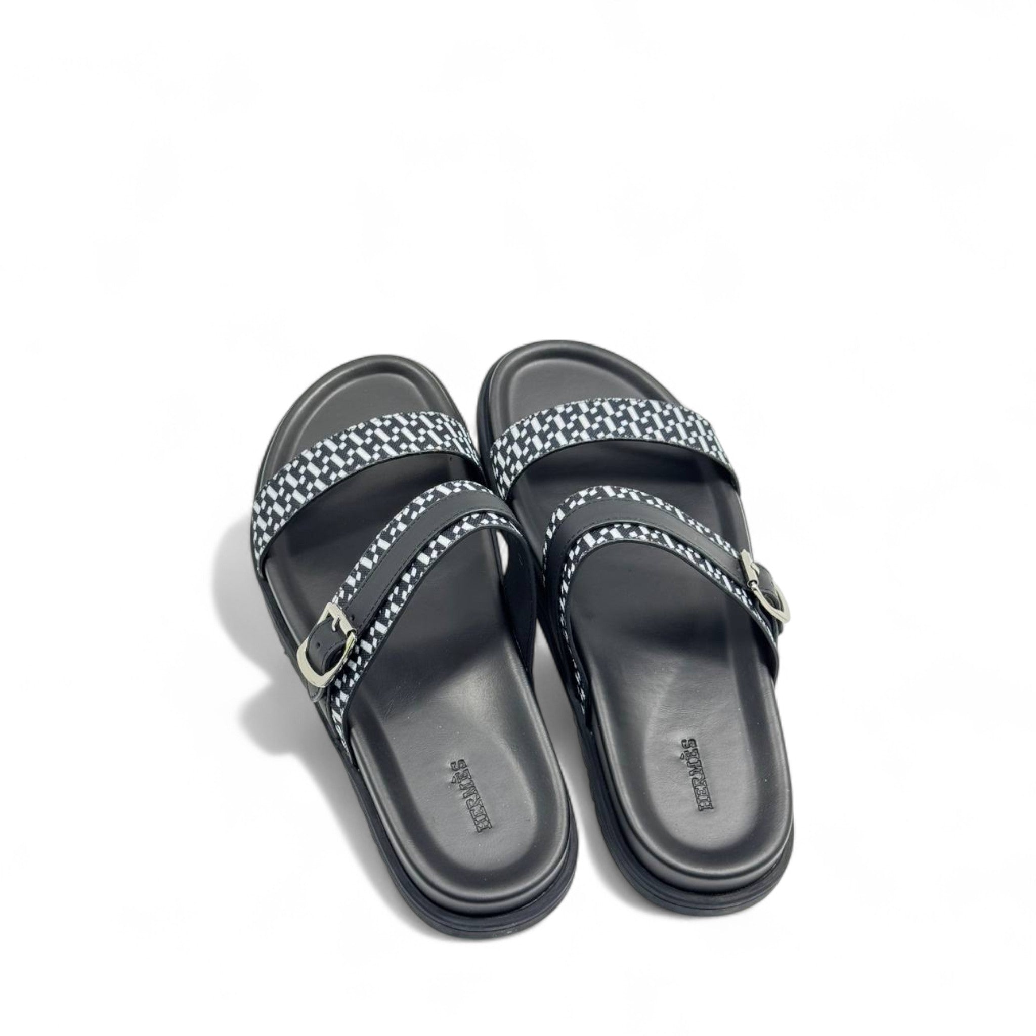 Hermès-Inspired Patterned Slippers with Buckle & Box | Black & White Minimalist Slide