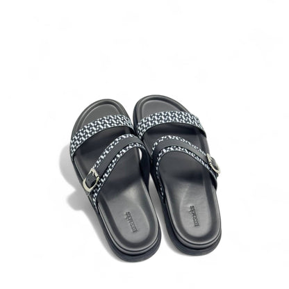 Hermès-Inspired Patterned Slippers with Buckle & Box | Black & White Minimalist Slide