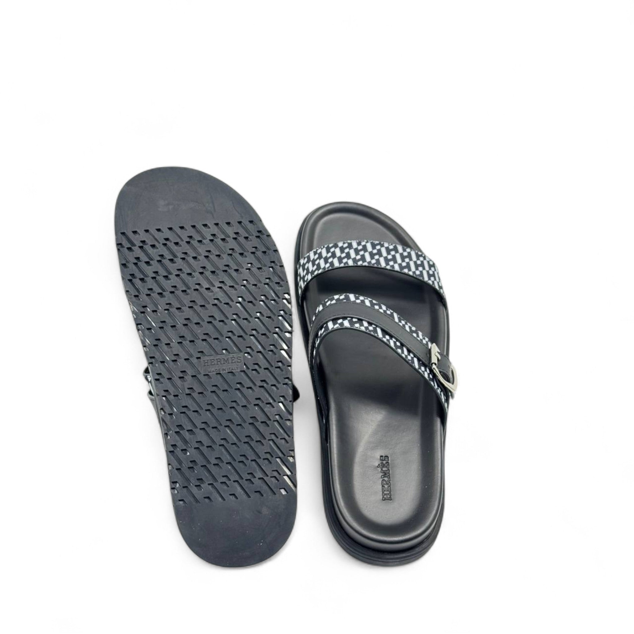 Hermès-Inspired Patterned Slippers with Buckle & Box | Black & White Minimalist Slide