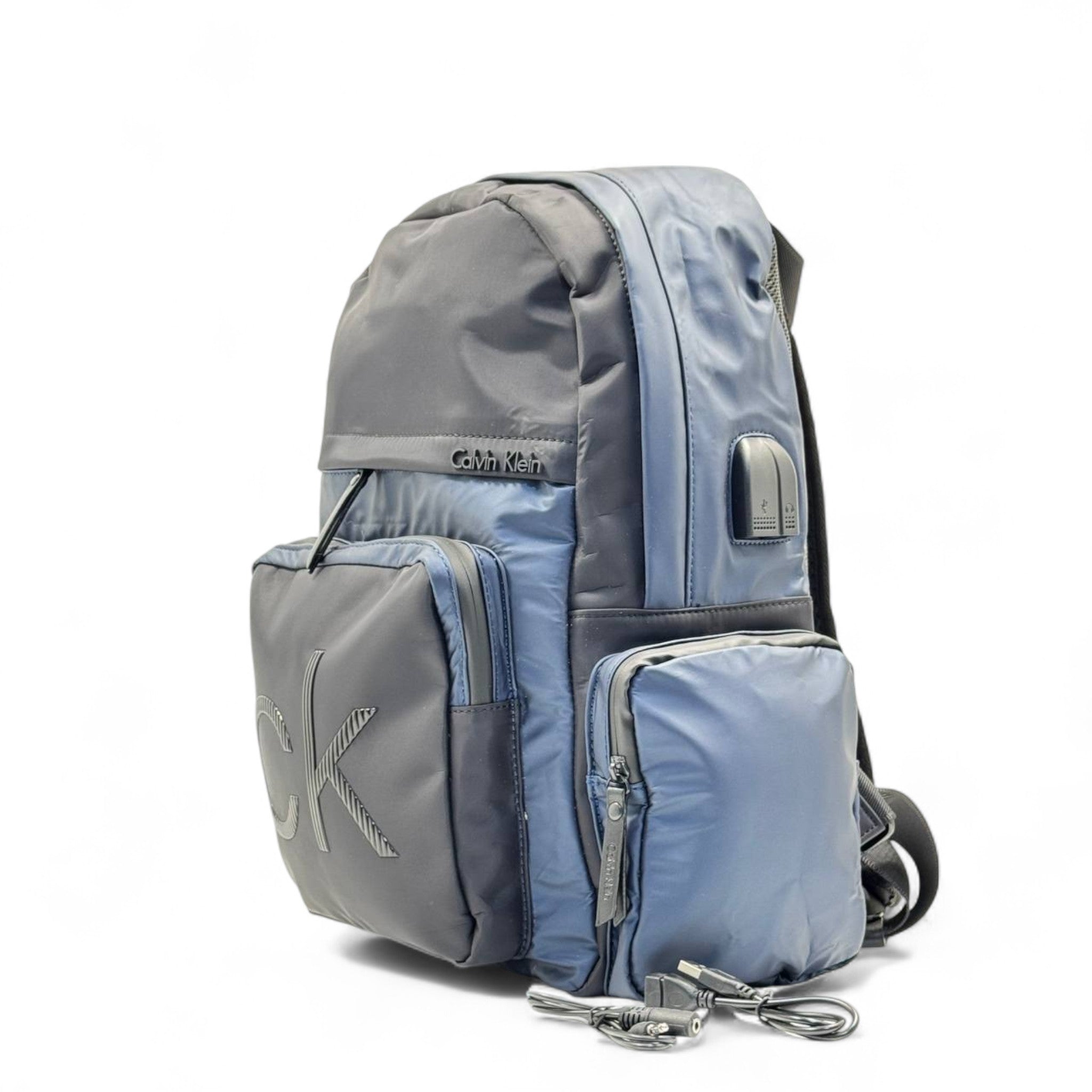 Calvin Klein Blue & Grey Nylon Backpack with USB Charging Port 🔌 | CK Logo