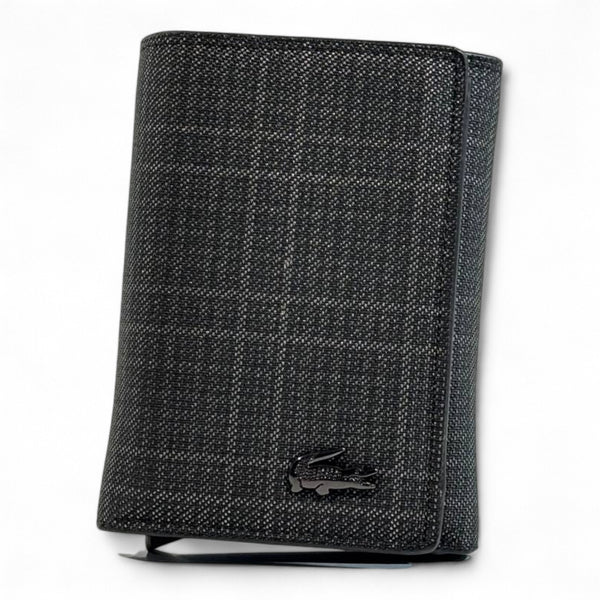 🐊 Lacoste Checkered Trifold Wallet – Charcoal Black Edition 🖤