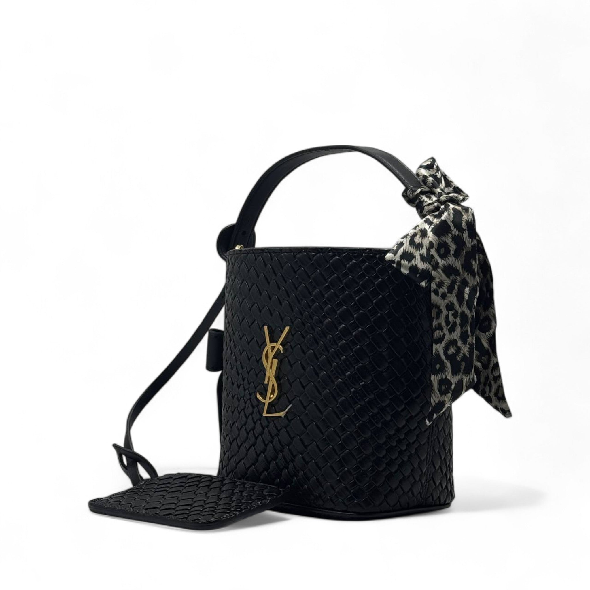 YSL Woven Bucket Bag with Leopard Scarf – Chic Black Gold Edition 🖤✨🐆