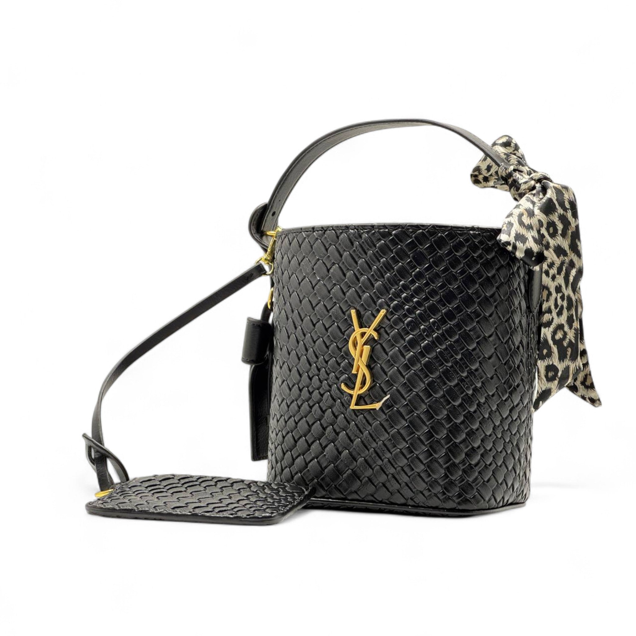 YSL Woven Bucket Bag with Leopard Scarf – Chic Black Gold Edition 🖤✨🐆