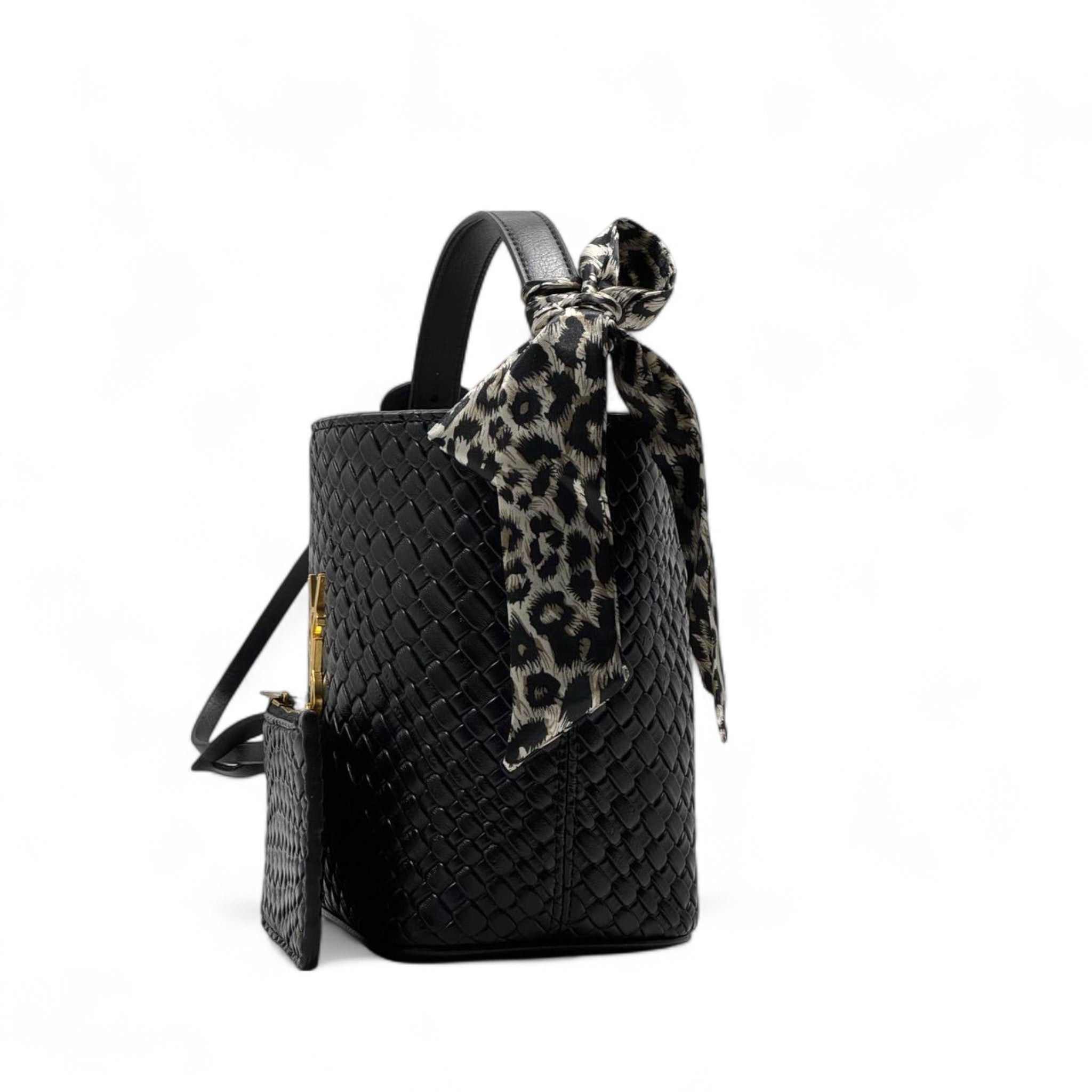 YSL Woven Bucket Bag with Leopard Scarf – Chic Black Gold Edition 🖤✨🐆