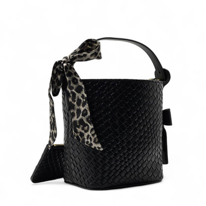 YSL Woven Bucket Bag with Leopard Scarf – Chic Black Gold Edition 🖤✨🐆