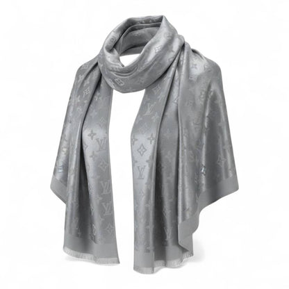 🩶 Louis Vuitton Silver Double-Face Monogram Scarf – Elegant Reversible Shine