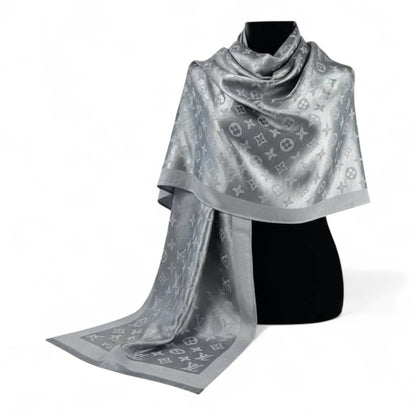 🩶 Louis Vuitton Silver Double-Face Monogram Scarf – Elegant Reversible Shine