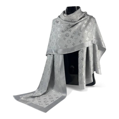 🩶 Louis Vuitton Silver Double-Face Monogram Scarf – Elegant Reversible Shine
