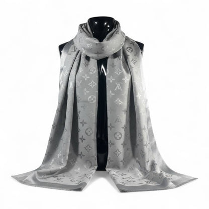 🩶 Louis Vuitton Silver Double-Face Monogram Scarf – Elegant Reversible Shine