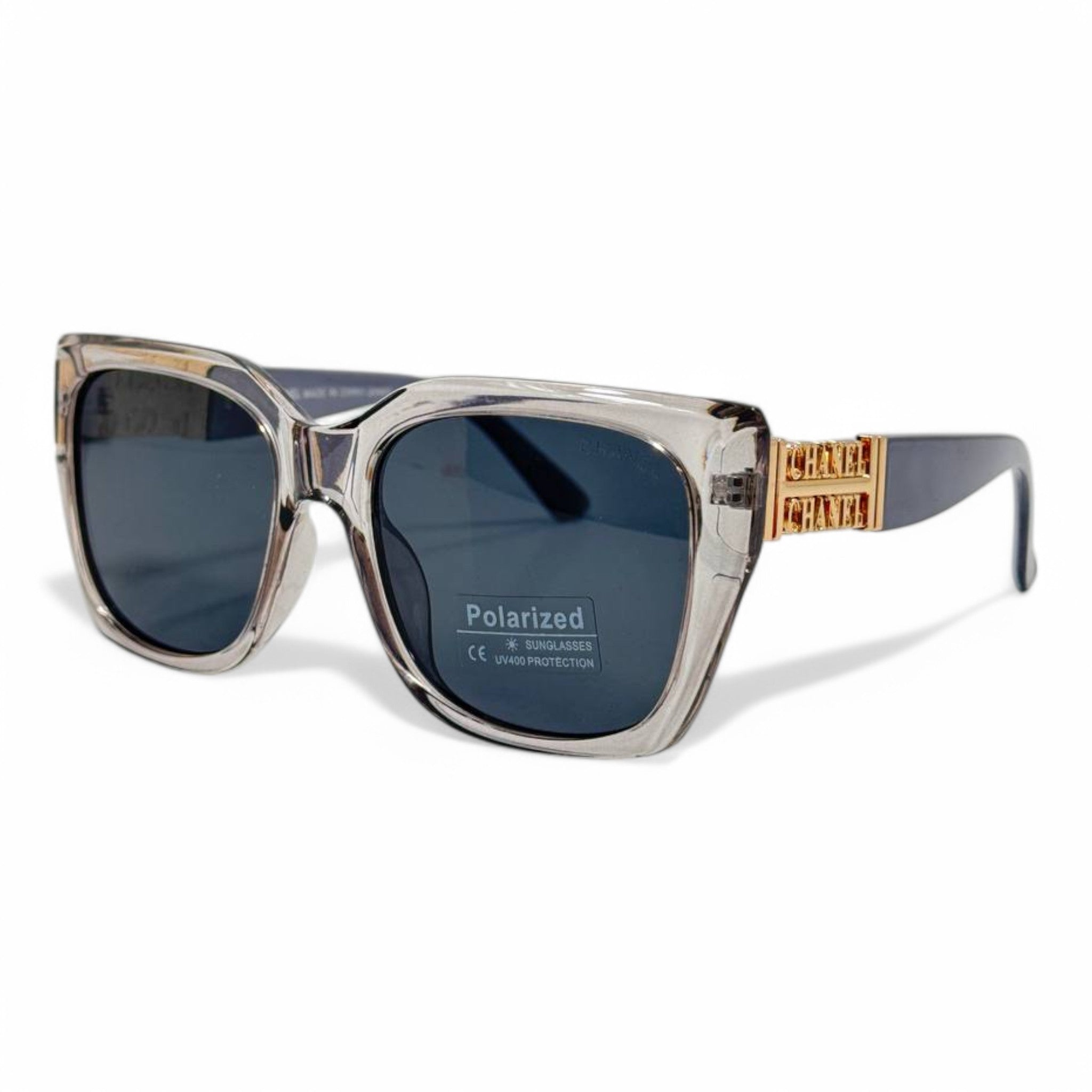 Chanel Polarized Square Sunglasses – Transparent Frame with Gold Logo