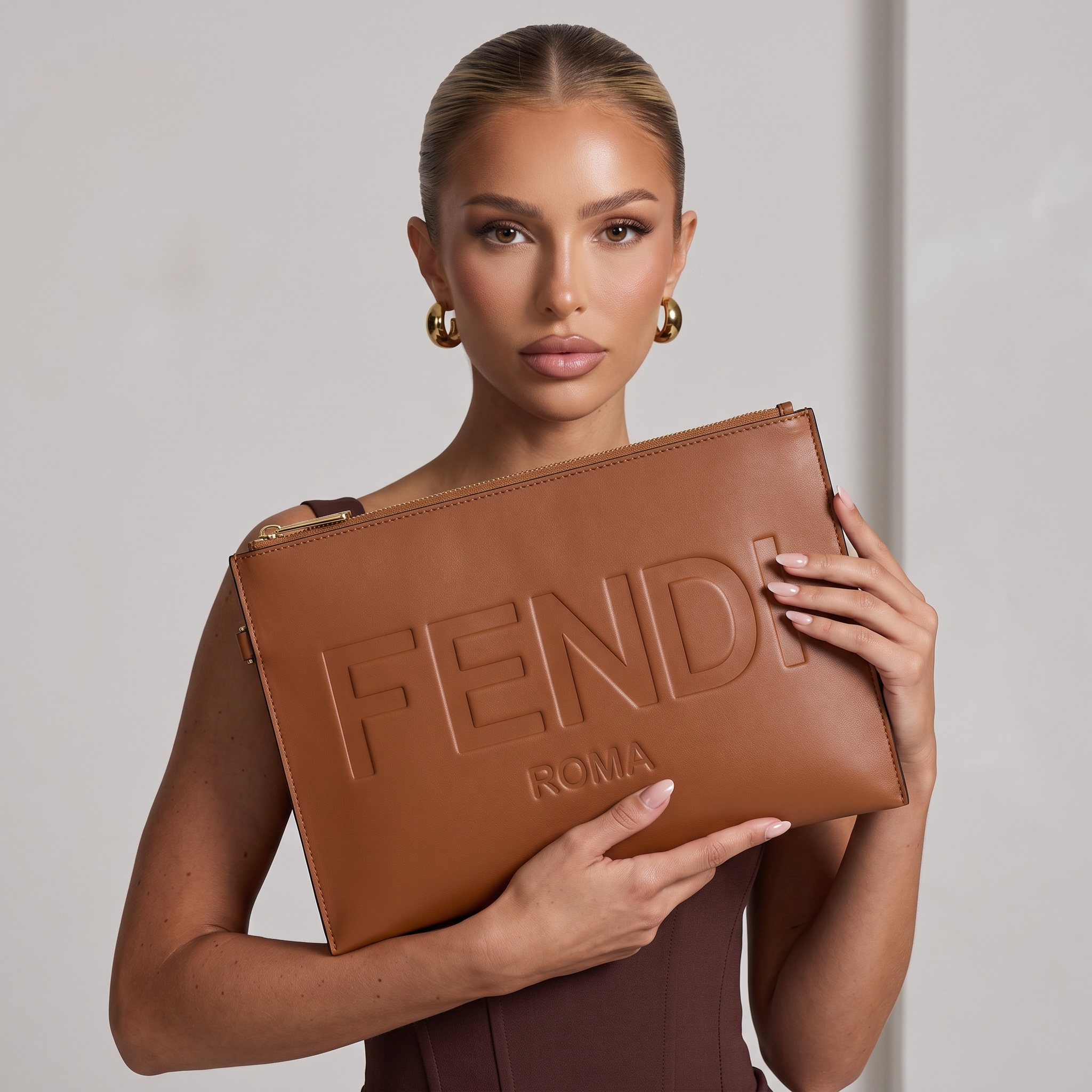✨ Fendi Roma Large Leather Pouch – Brown