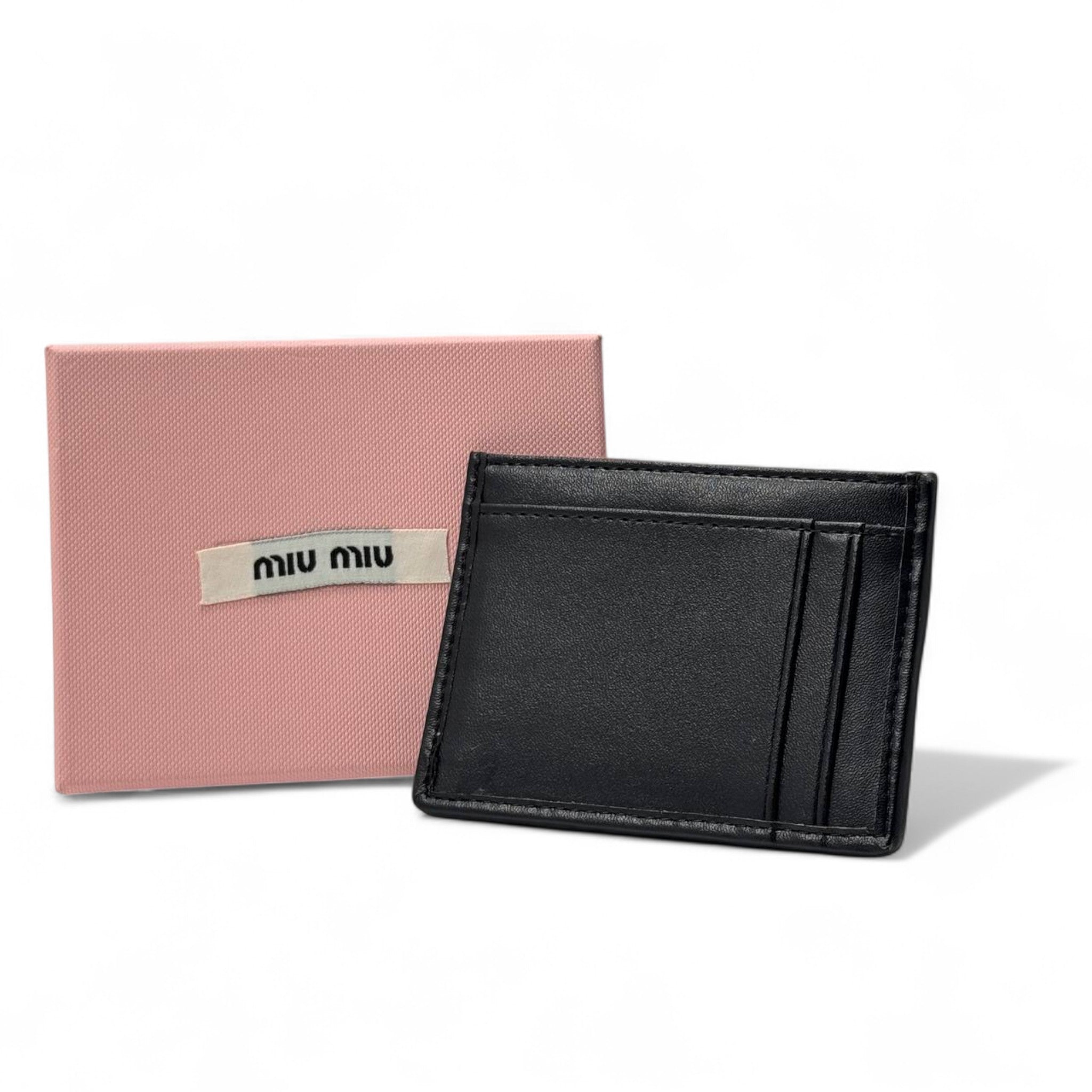 Miu Miu Black Matelassé Leather Card Holder 💼✨ – With Signature Pink Box