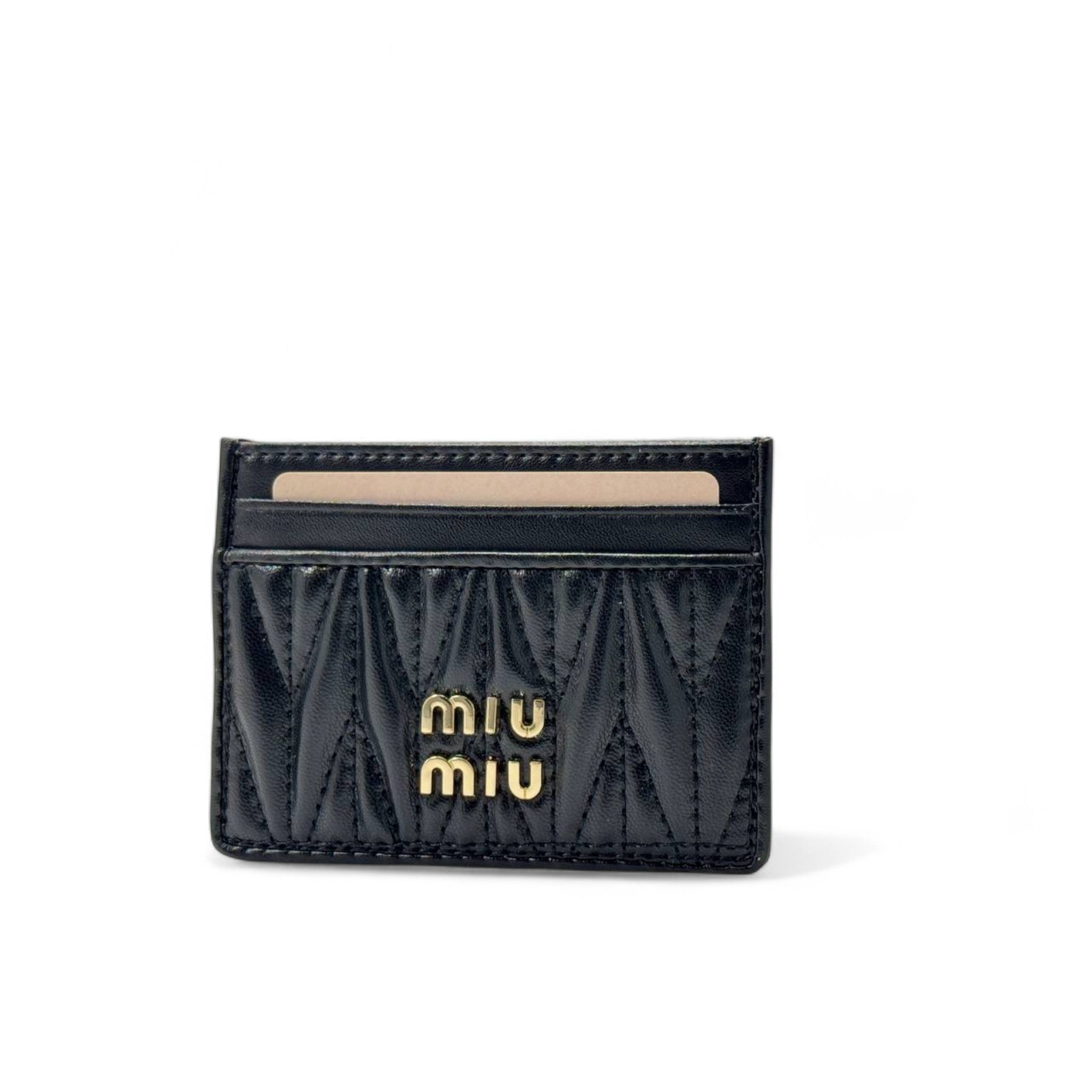 Miu Miu Black Matelassé Leather Card Holder 💼✨ – With Signature Pink Box