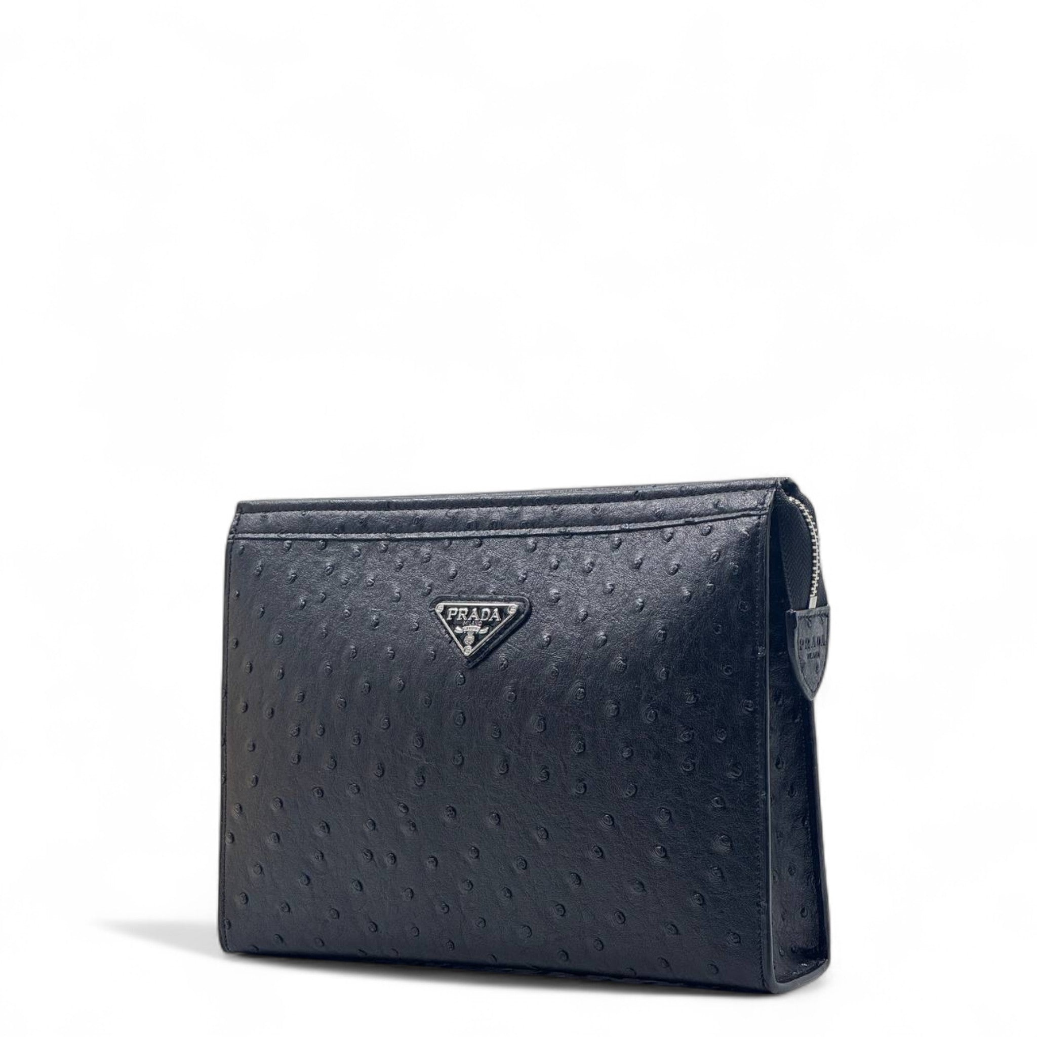Prada Black Ostrich-Embossed Leather Pouch 🖤✨ – Luxe Zip Case