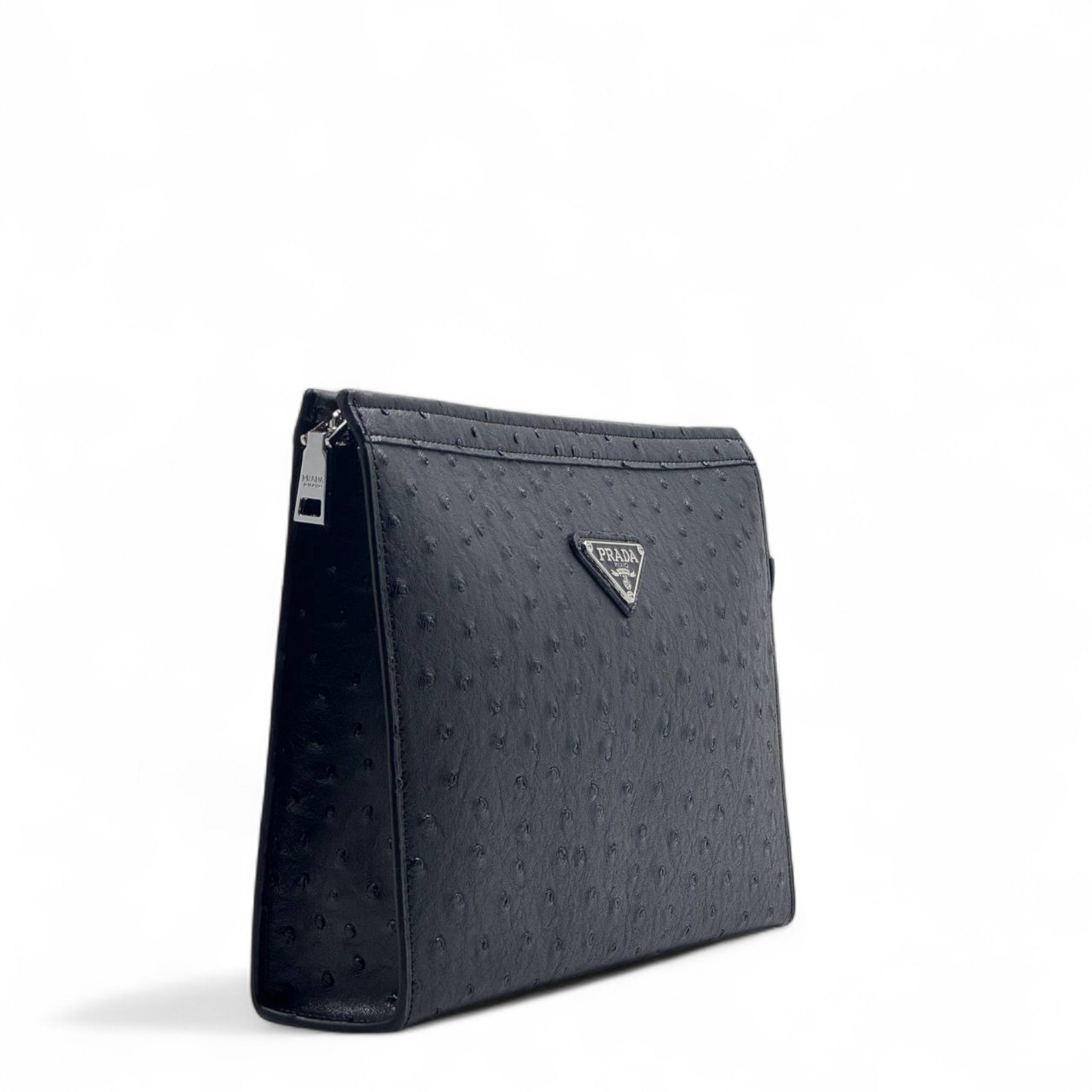 Prada Black Ostrich-Embossed Leather Pouch 🖤✨ – Luxe Zip Case
