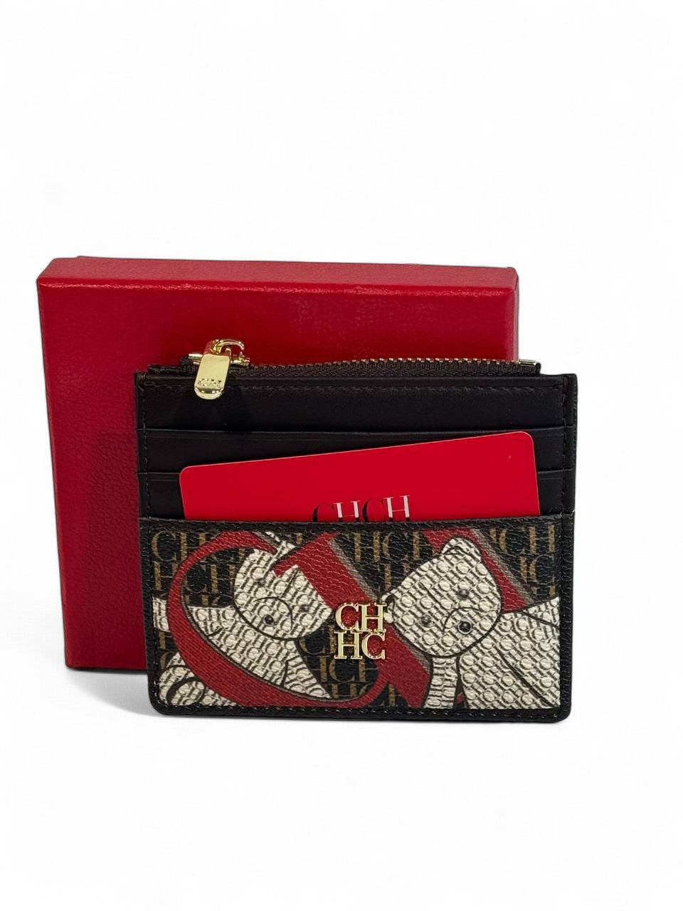 🖤 Carolina Herrera CH Monogram Card Holder – Bold Elegance in Red & Black 💼