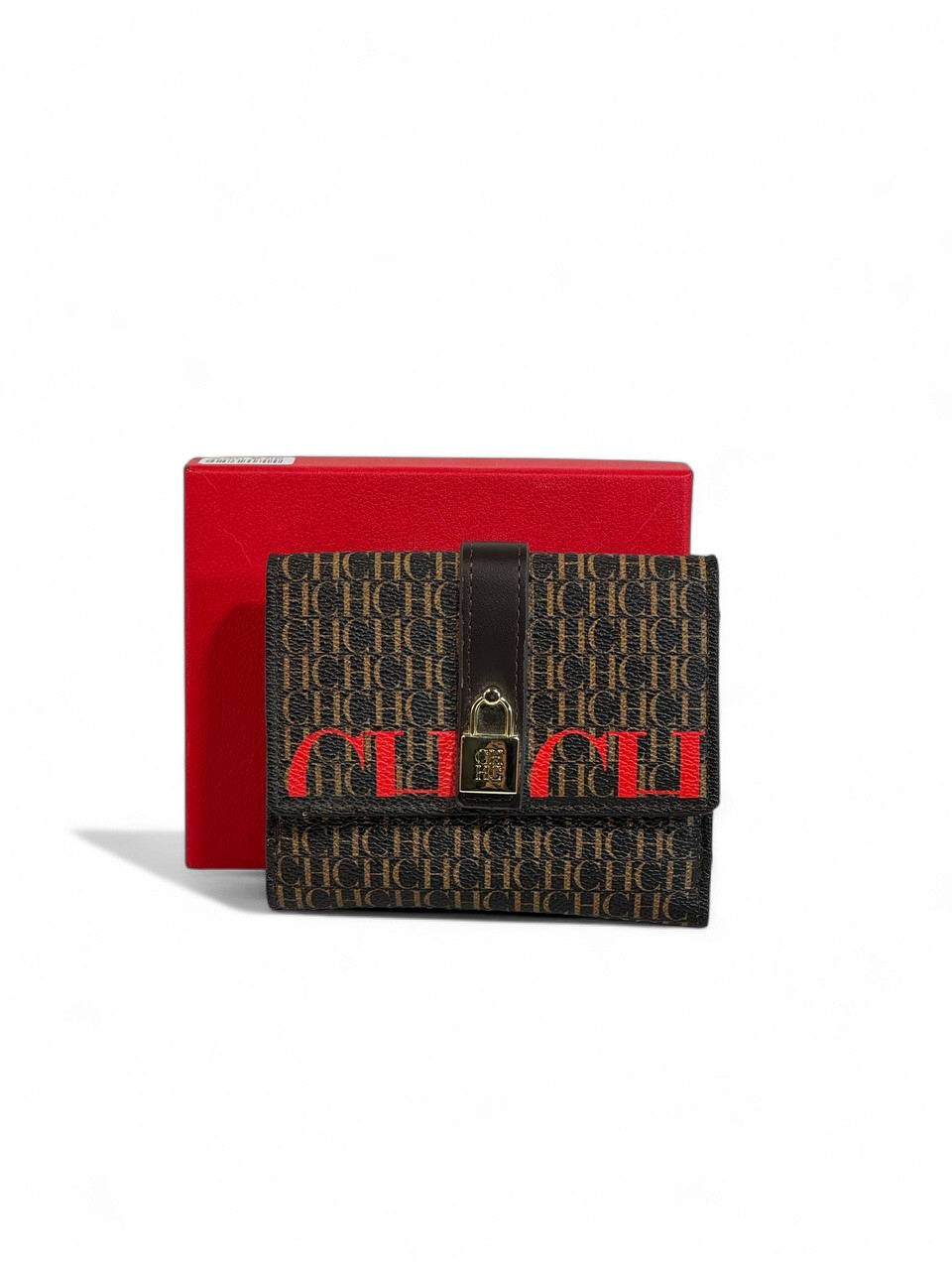 👜 Carolina Herrera CH Monogram Wallet – Classic Brown & Red Edition ❤️